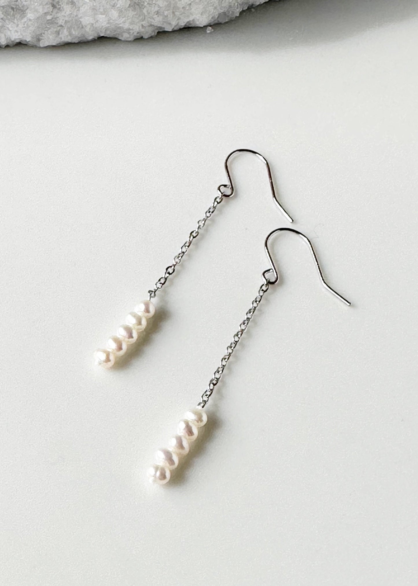 Stack of Five 3mm Freshwater Pearls On Delicate Sterling Silver Chain and Hooks in 2.5” Earring.