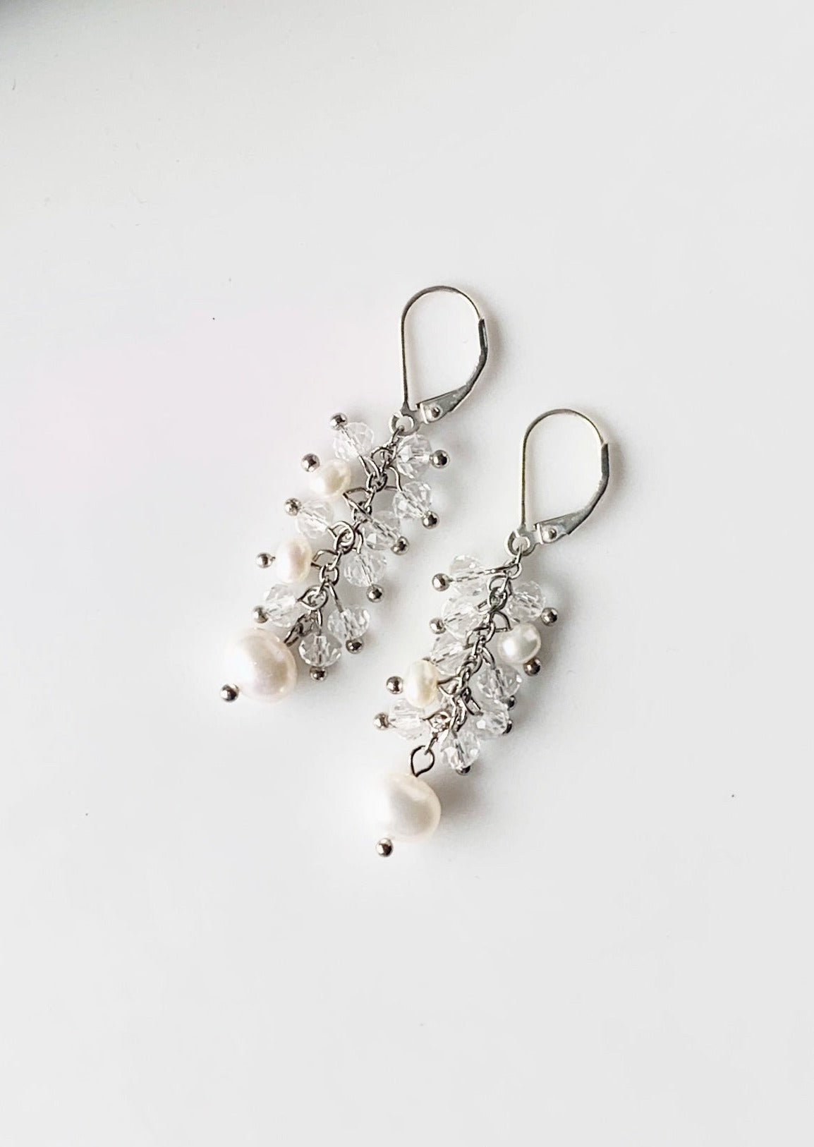 Delicate Cluster of White Freshwater Pearls and Clear Crystals Hanging from Sterling Silver Lever Backs in this 1.75” Earring.