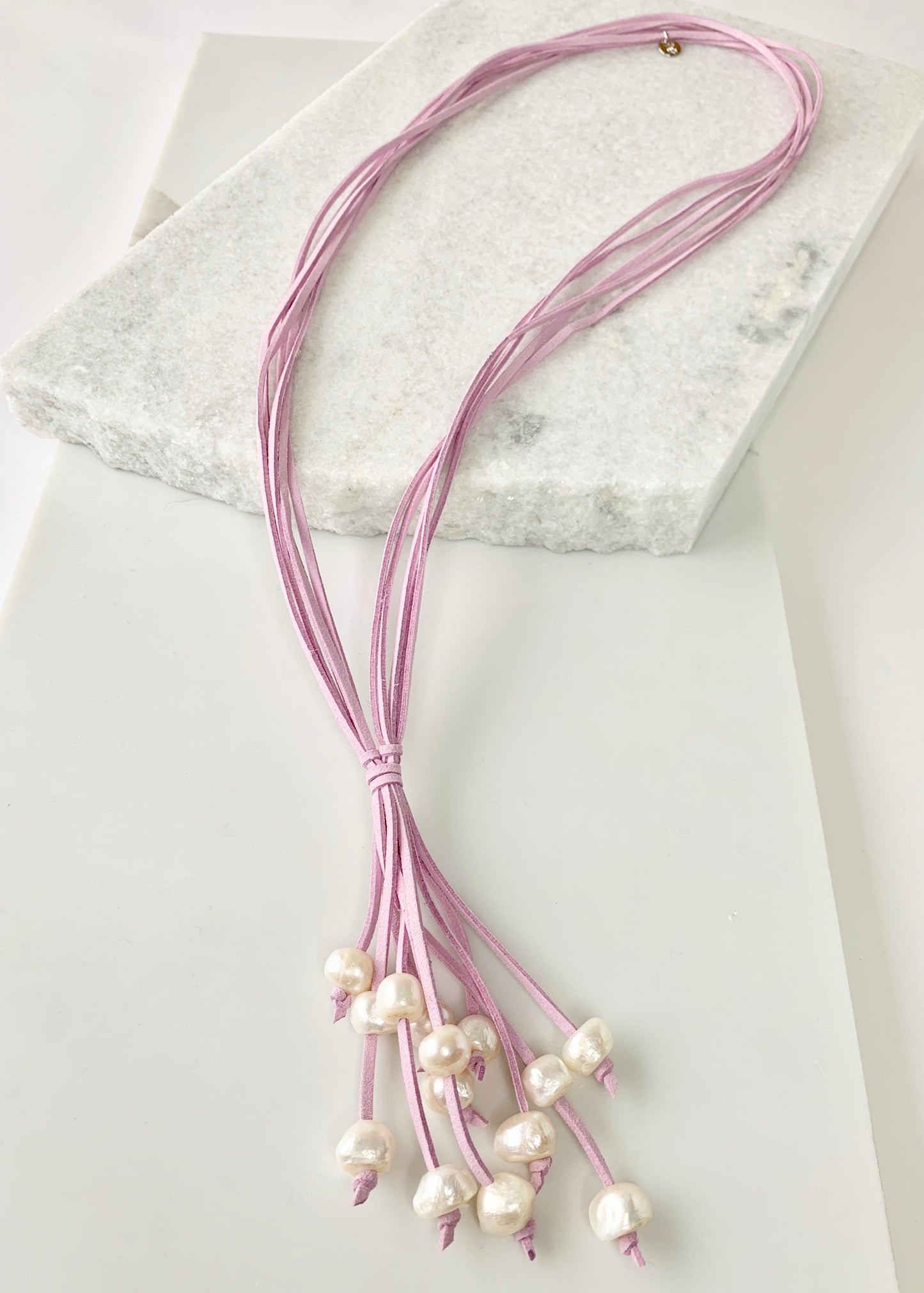 Baroque Freshwater Pearl Cluster Drop on Five Strands of Pink Vegan Suede For 21
