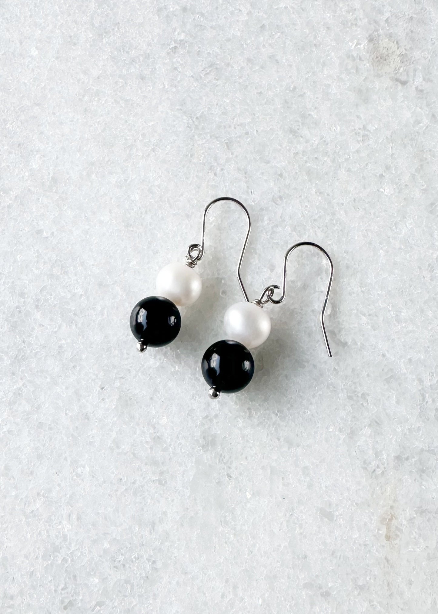 White Freshwater Pearl and Black Agate Stack 1.25” Earring on Sterling Silver Hooks.