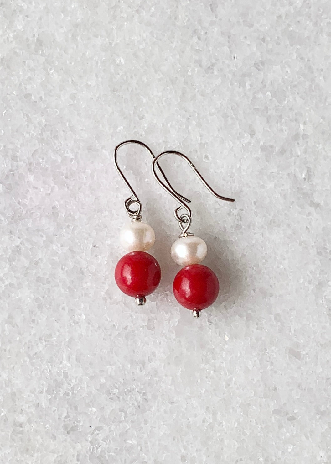 White Freshwater Pearl and Red Agate Stack 1.25” Earring on Sterling Silver Hooks.