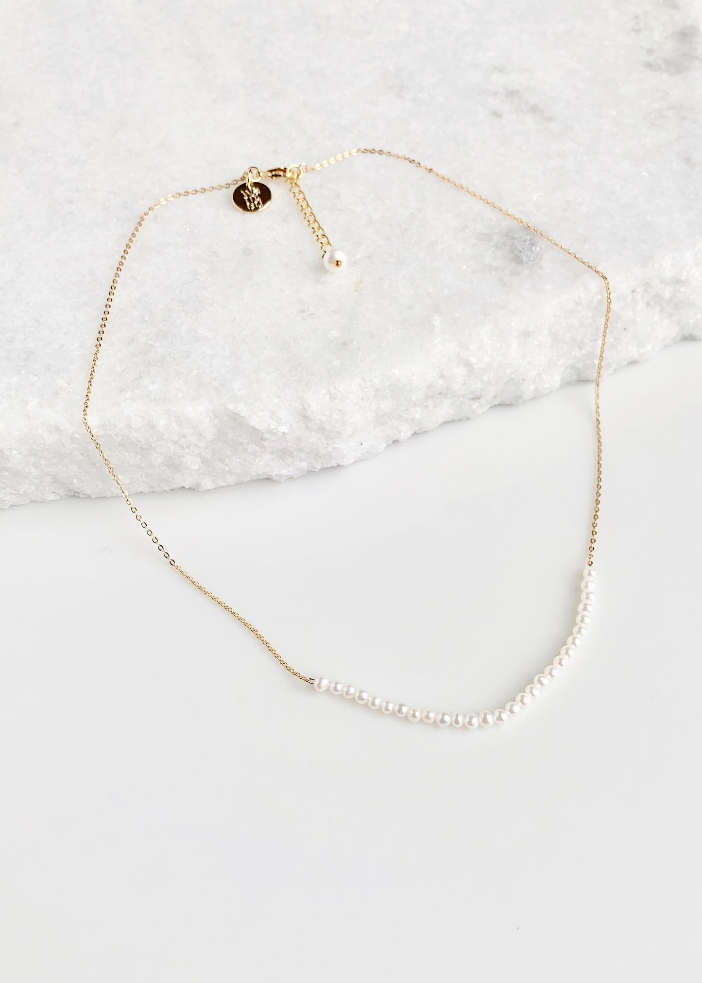 3mm Freshwater White Pearls on Yellow Gold 18” Chain with 1.25” Extender for this Delicate and Classic Necklace which can also be Worn Layered with other Favorites.