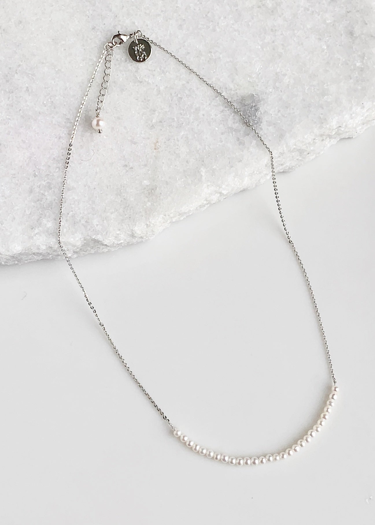 3mm Freshwater White Pearls on White Gold 18” Chain with 1.25” Extender for this Delicate and Classic Necklace which can also be Worn Layered with other Favorites.