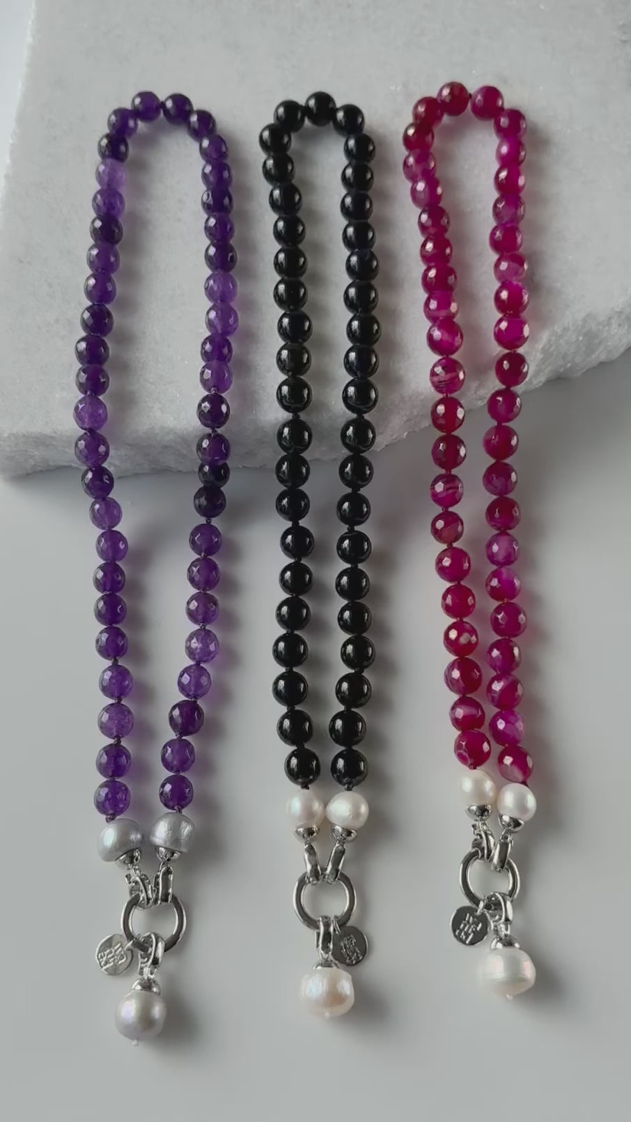 Handmade Stone and pearl drop necklace with detachable pendant in Black and Purple