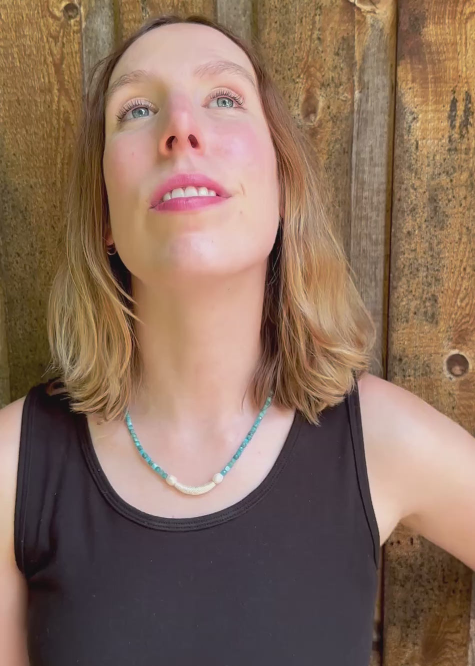 This One-Of-A-Kind 18.5” Necklace Features a Textured Silver Bead Surrounded by White Freshwater Pearls and Beautiful Blue Faceted Apatite Cubes.  Designed and Made in Canada, this piece is Finished with a Sterling Silver Lobster Claw Clasp.