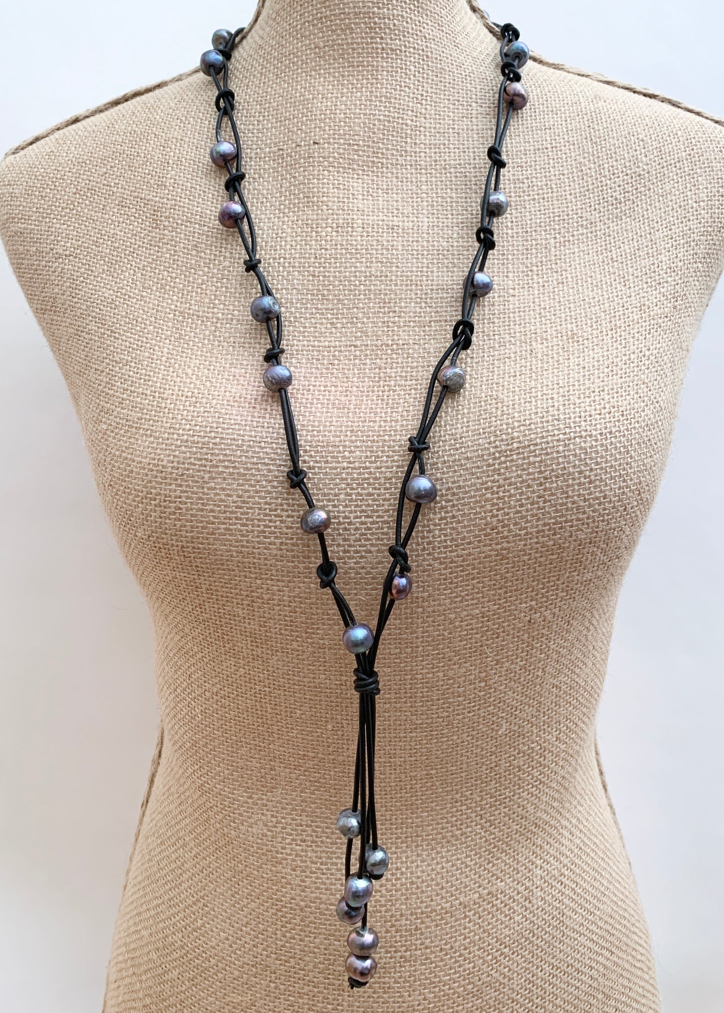 Black Freshwater Pearl Necklace on Black Leather showing on Bust