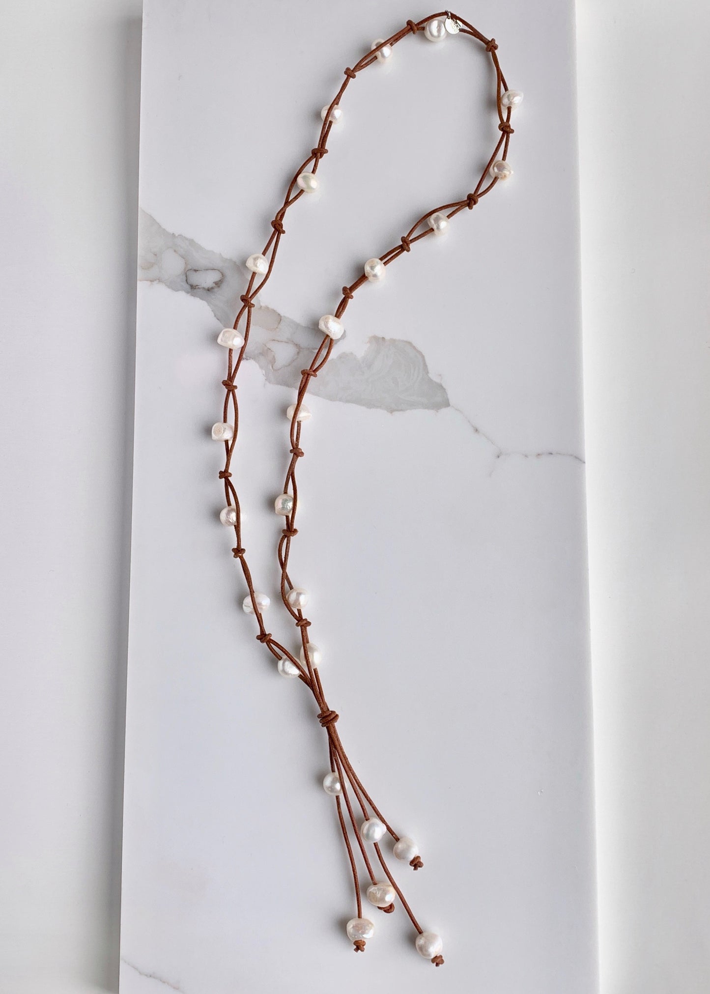 White Freshwater Pearl Necklace on Tan Leather