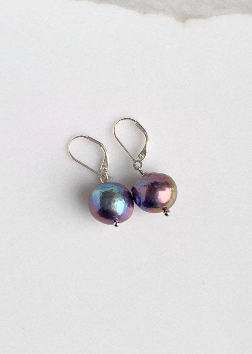 Large Black Freshwater Pearl Earrings with Sterling Silver Leverback