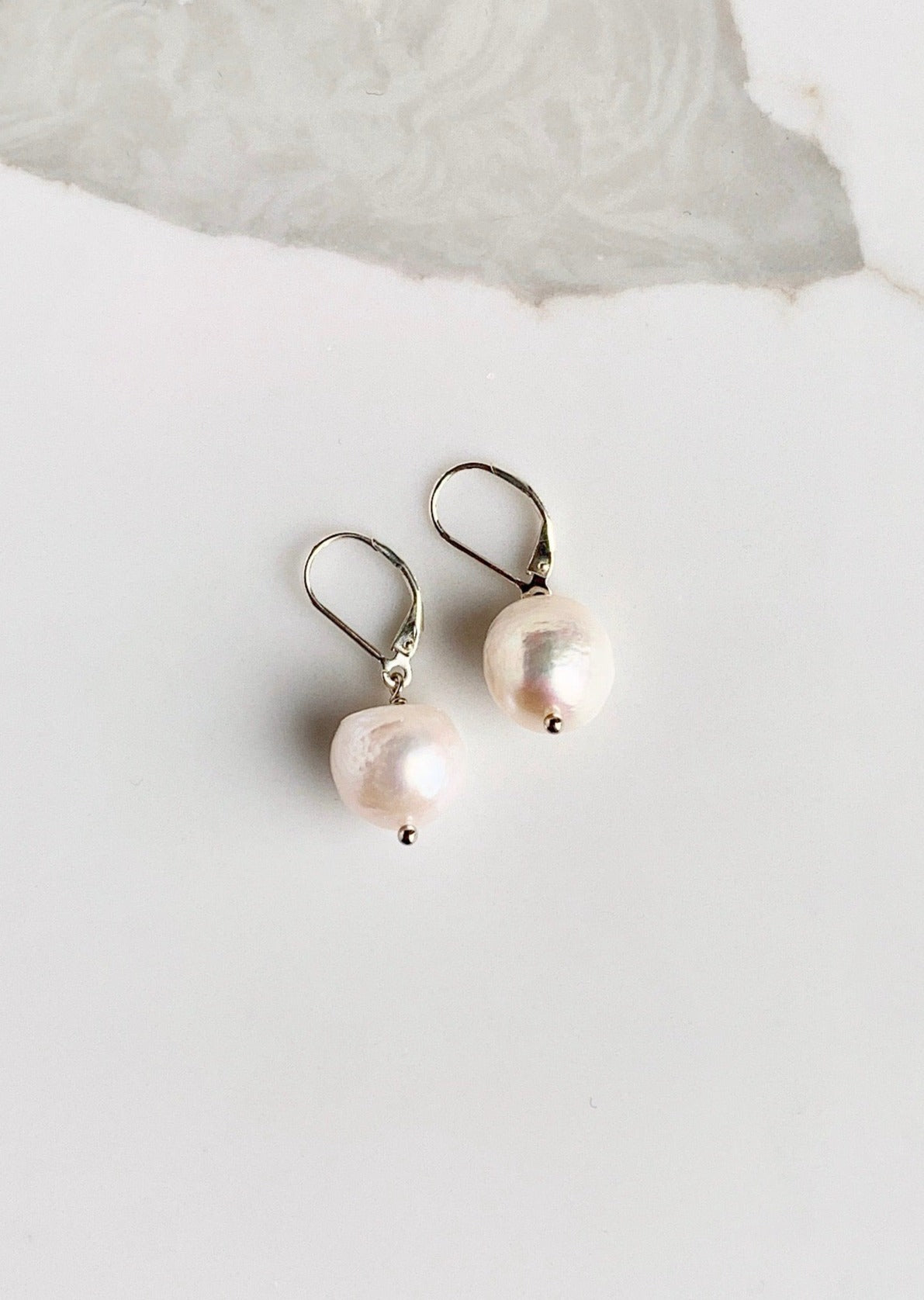 Large White Freshwater Pearl Earrings with Sterling Silver Leverback