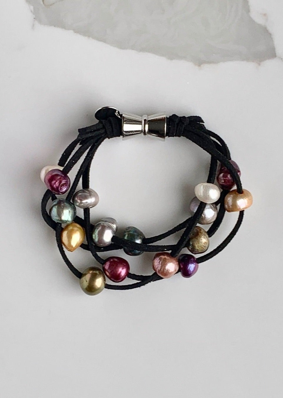 Multicolored Freshwater Pearl Bracelet on Black Vegan Suede with Strong. Secure Magnetic Clasp for Easy Wear