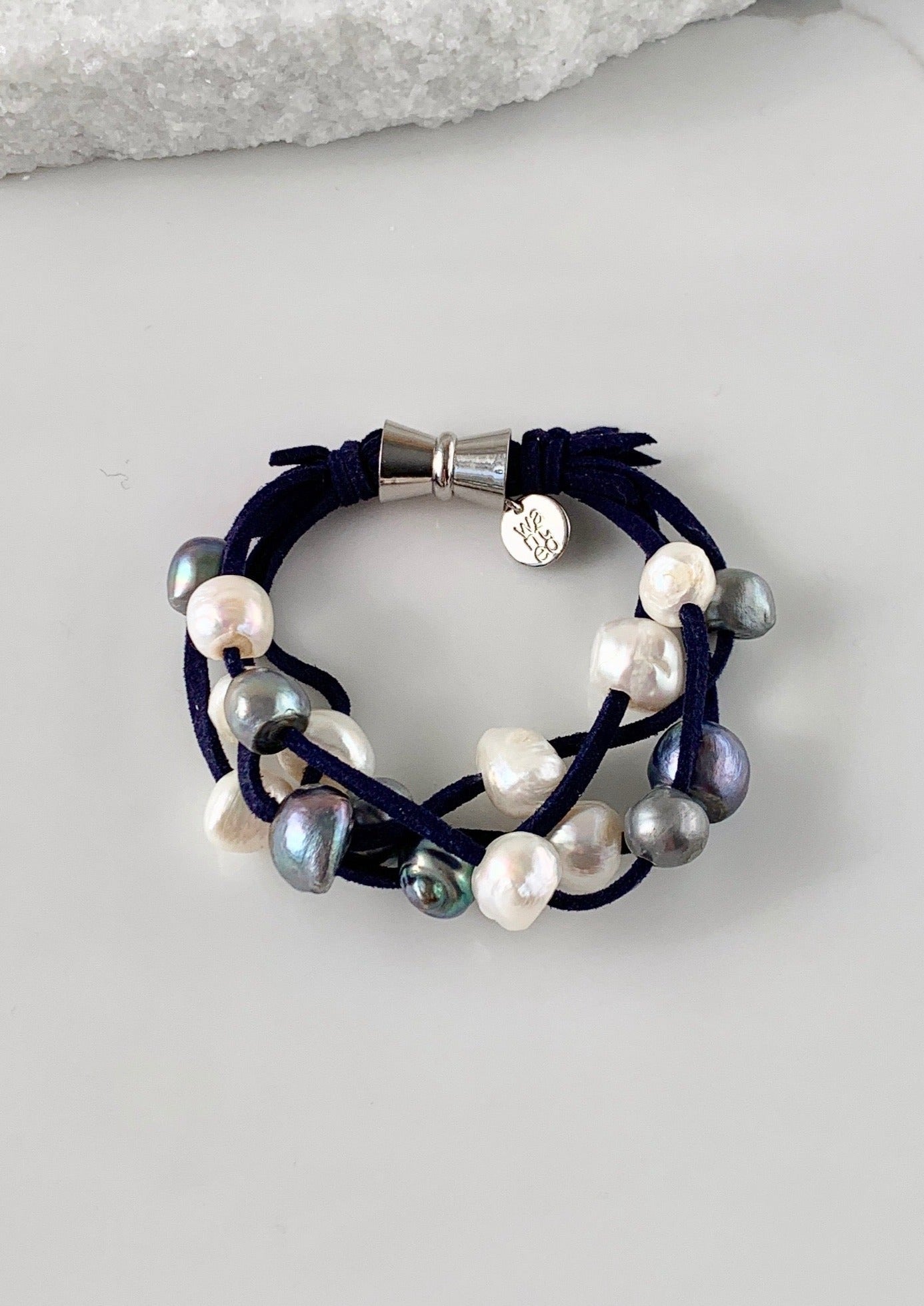 White and Mixed Freshwater Pearl Bracelet on Navy Vegan Suede with Strong. Secure Magnetic Clasp for Easy Wear