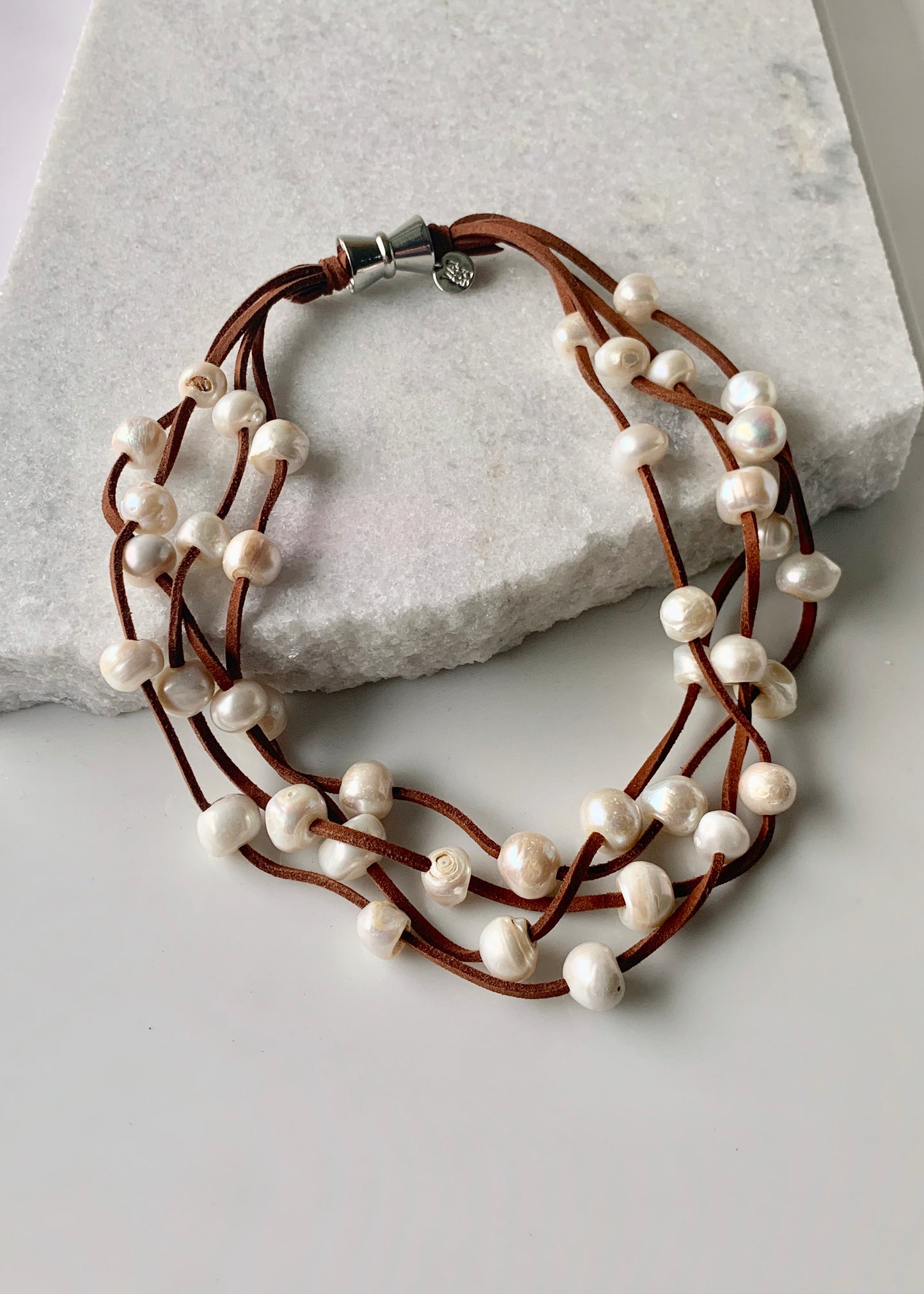 Four Strands of White Freshwater Pearls on Brown Vegan Suede with Secure, Strong Magnet for Easy Wear
