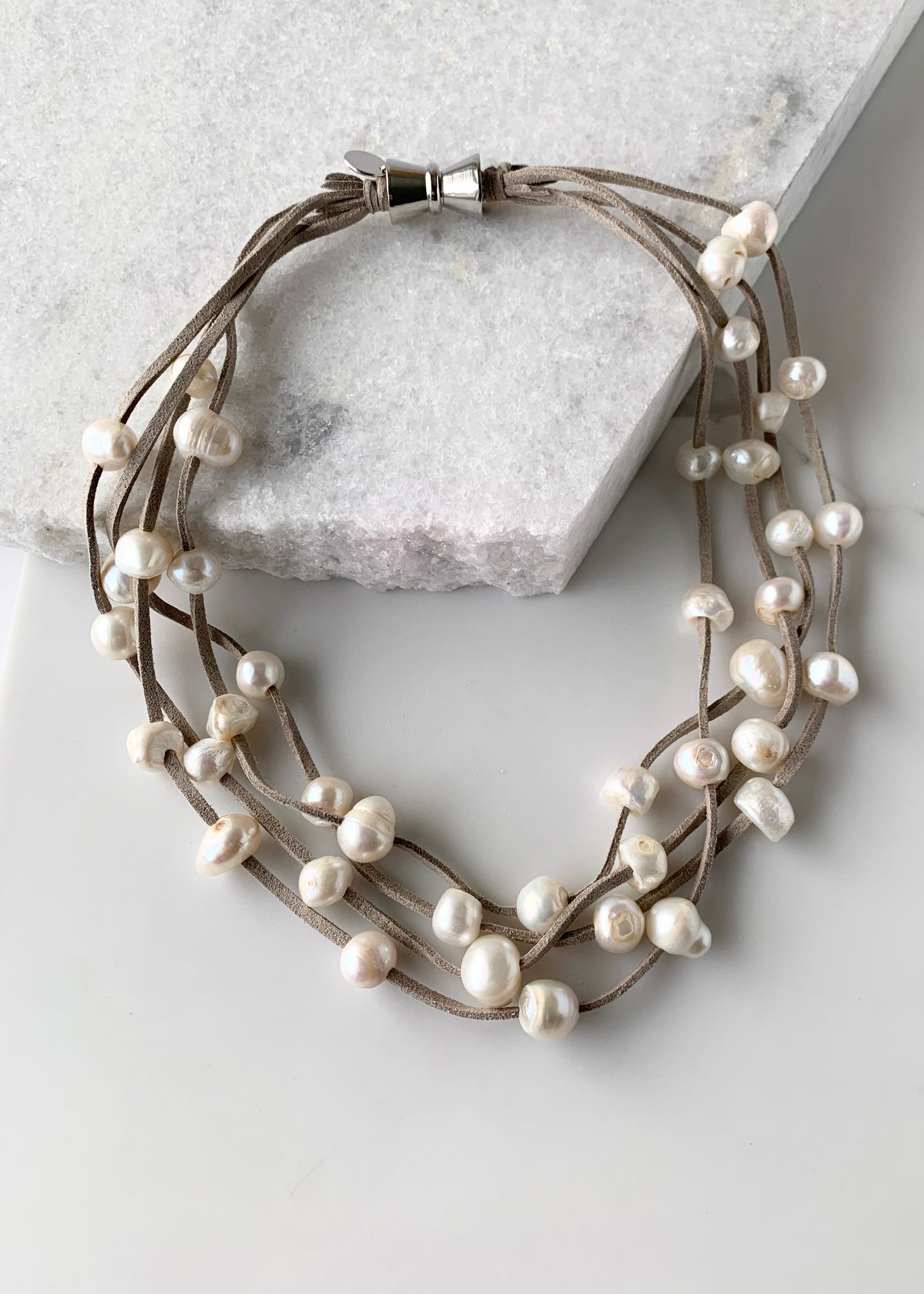 Four Strands of White Freshwater Pearls on Light Grey Vegan Suede with Secure, Strong Magnet for Easy Wear