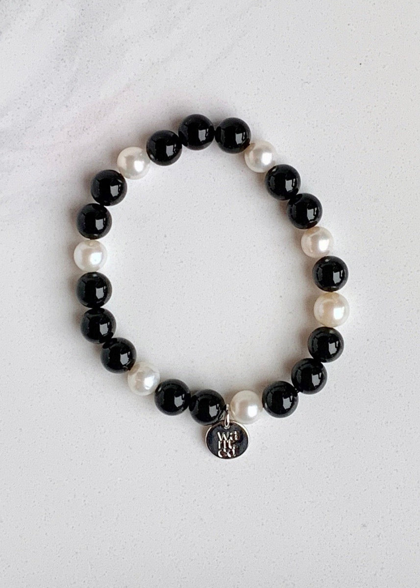 White Freshwater Pearl with Black Agate Stretch Bracelet.  Perfect for layering!
