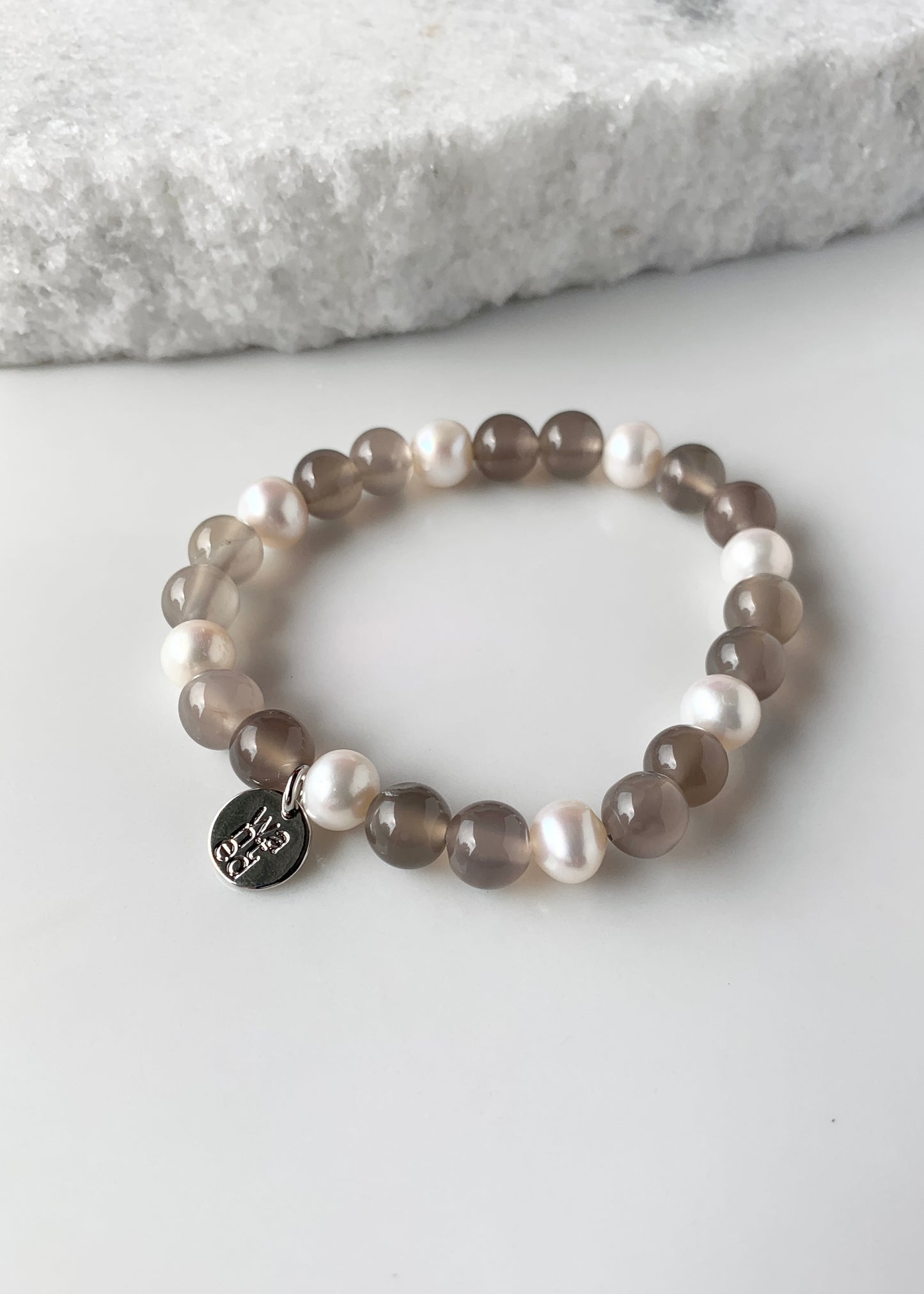 White Freshwater Pearl with Grey Agate Stretch Bracelet.  Perfect for layering!