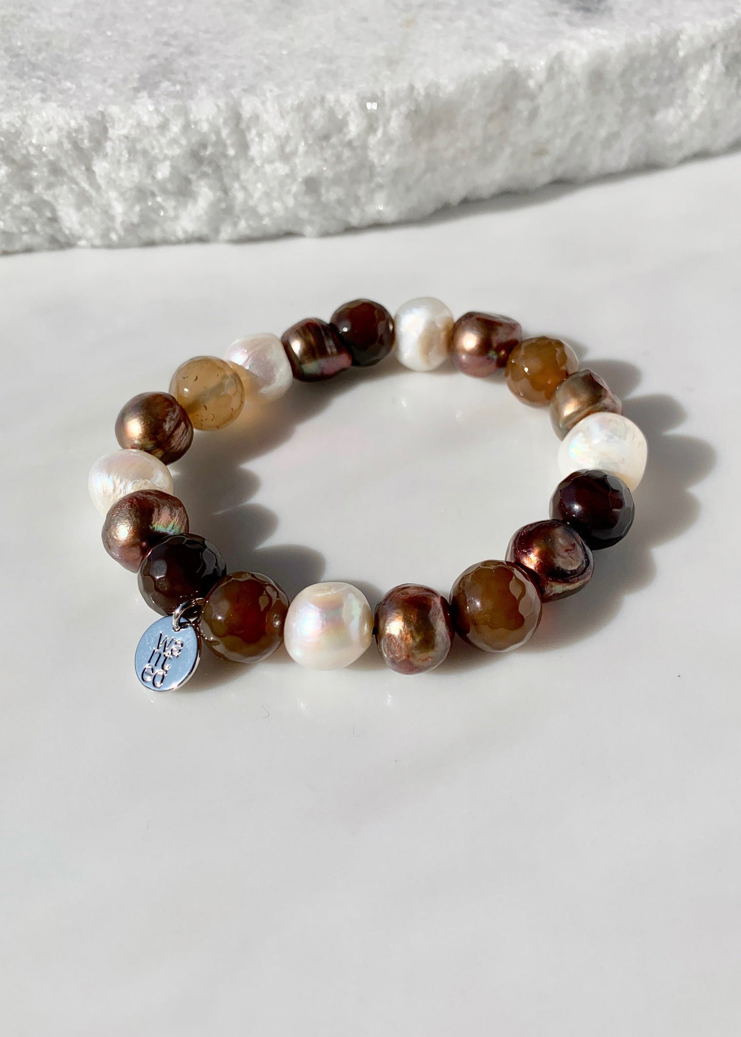 Freshwater Pearl and Faceted Agate Necklace in Brown, highlighting White Pearls.