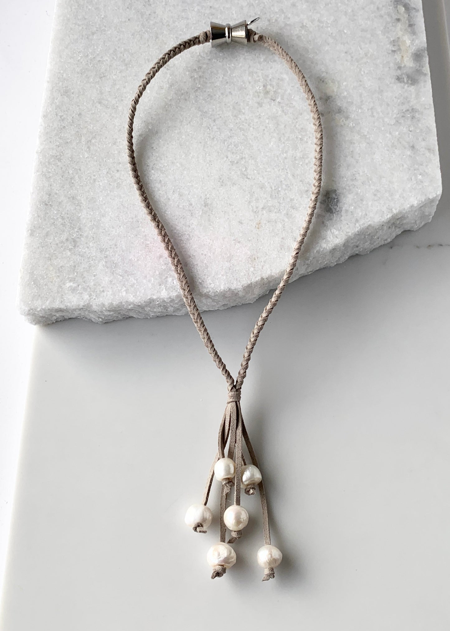 White Freshwater Pearl Necklace on Braided Grey Vegan Suede.  Strong Secure Magnetic Clasp for Easy Wear.