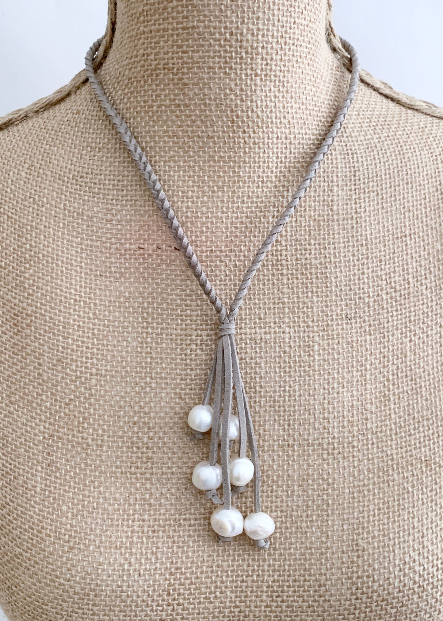 White Freshwater Pearl Necklace on Braided Grey Vegan Suede.  Strong Secure Magnetic Clasp for Easy Wear. Shown on Bust
