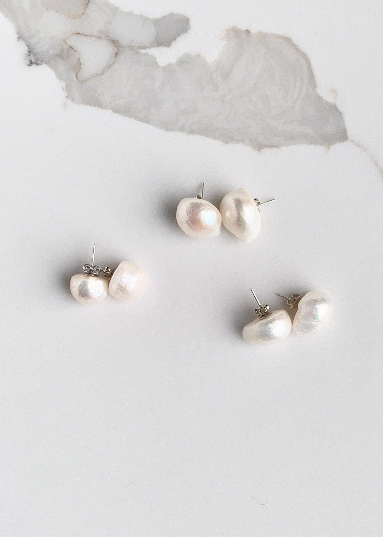 Extra Large White Baroque Freshwater Pearl Earrings on Sterling Silver Studs.  Three Shown