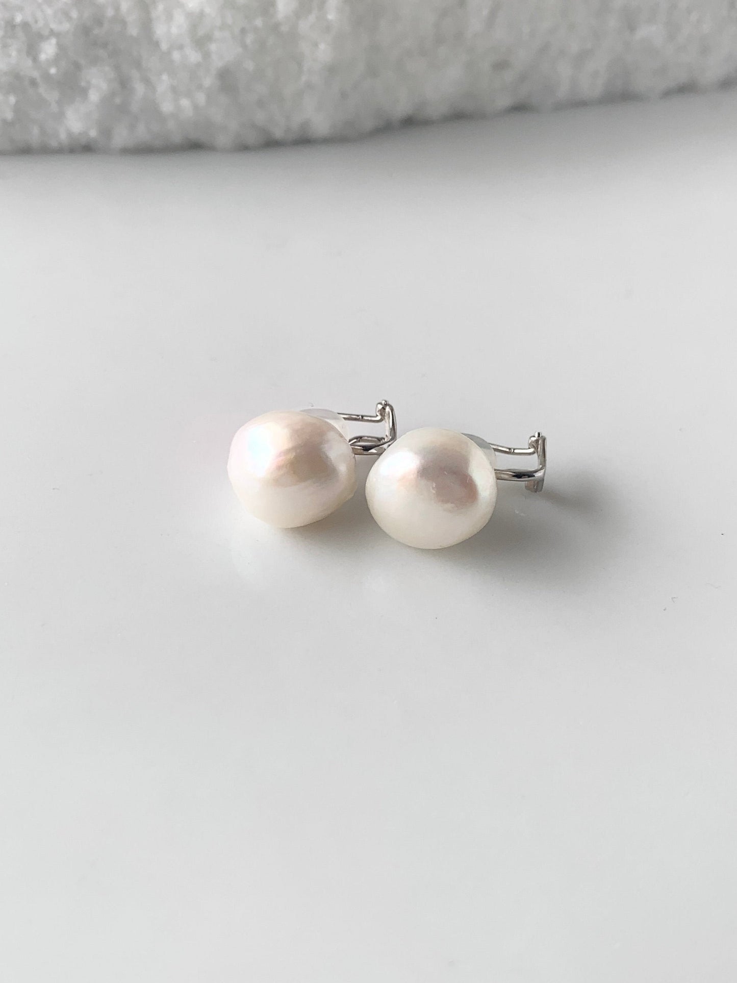 Large White Baroque Freshwater Pearl Earrings using Sterling Silver Clip-ons with Comfortable Silicone Back.