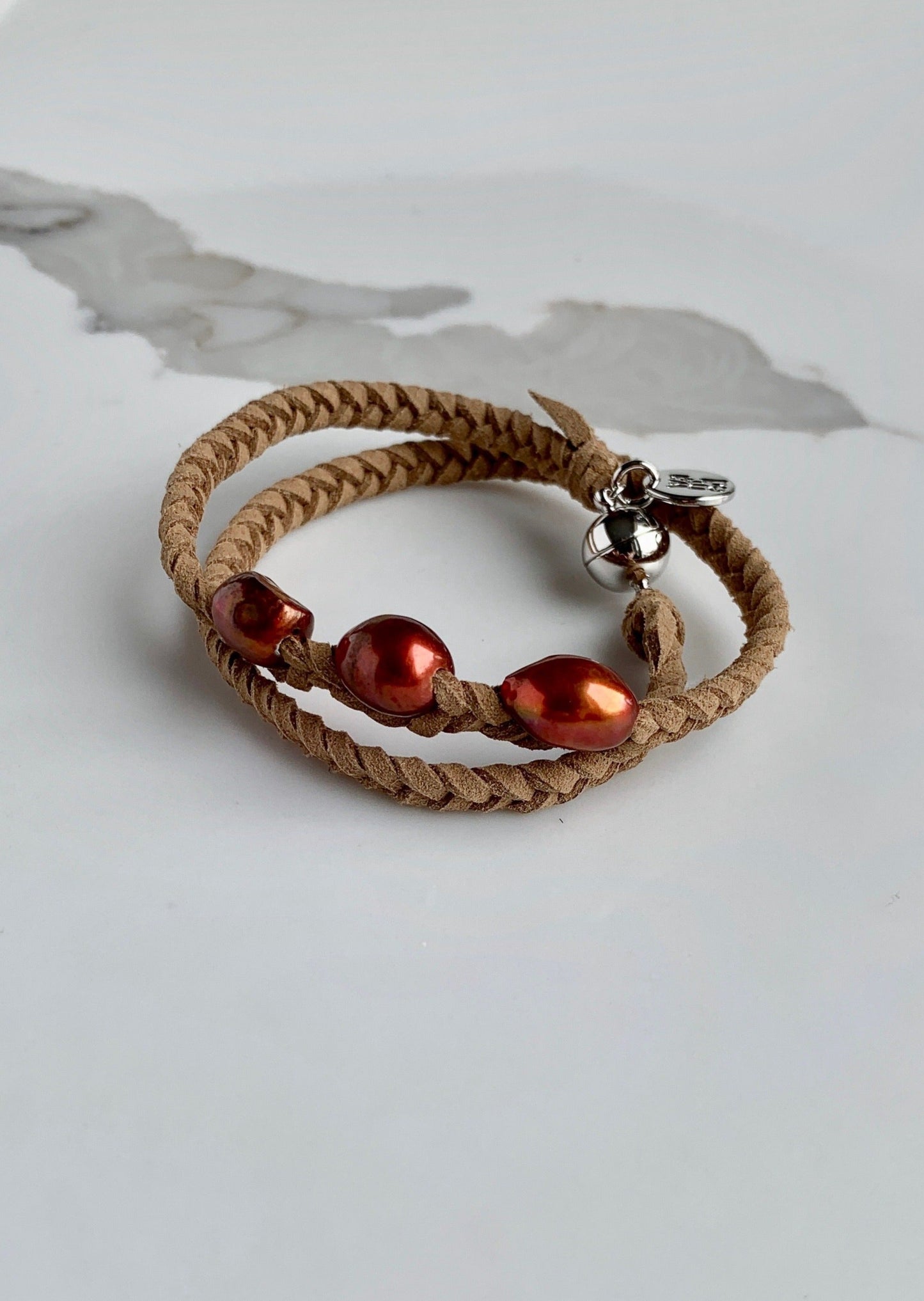 Double Rapped Beige Vegan Suede Bracelet with Three Red Copper Baroque Freshwater Pearls on a Strong Secure Magnetic Clasp for Easy Wear.
