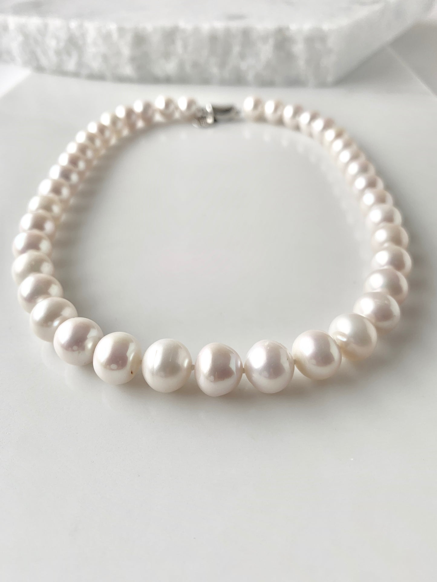 Large (11-12mm) Lustrous White Freshwater Pearl Necklace with Bean Clasp for Easy Wear.  Magnified