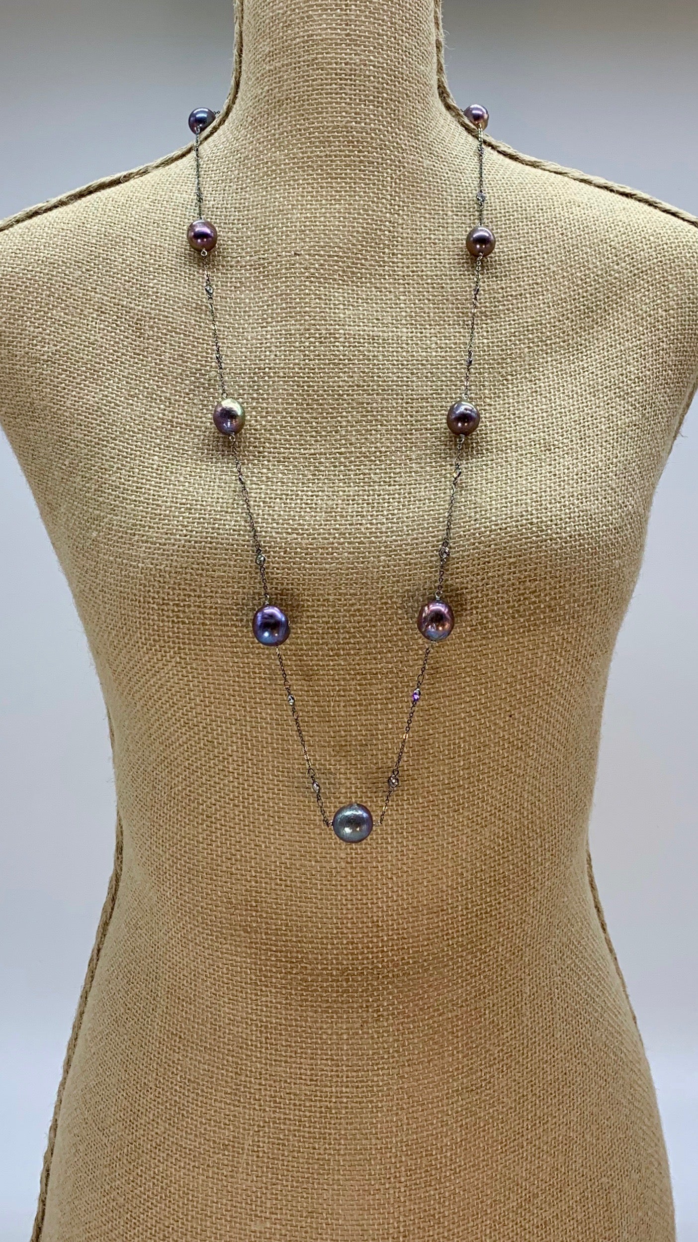 Long (36”) Necklace with Large Edison Freshwater Pearls on Gunmetal Chain with Crystal Links.  A Lobster Claw Clasp with a 1.5