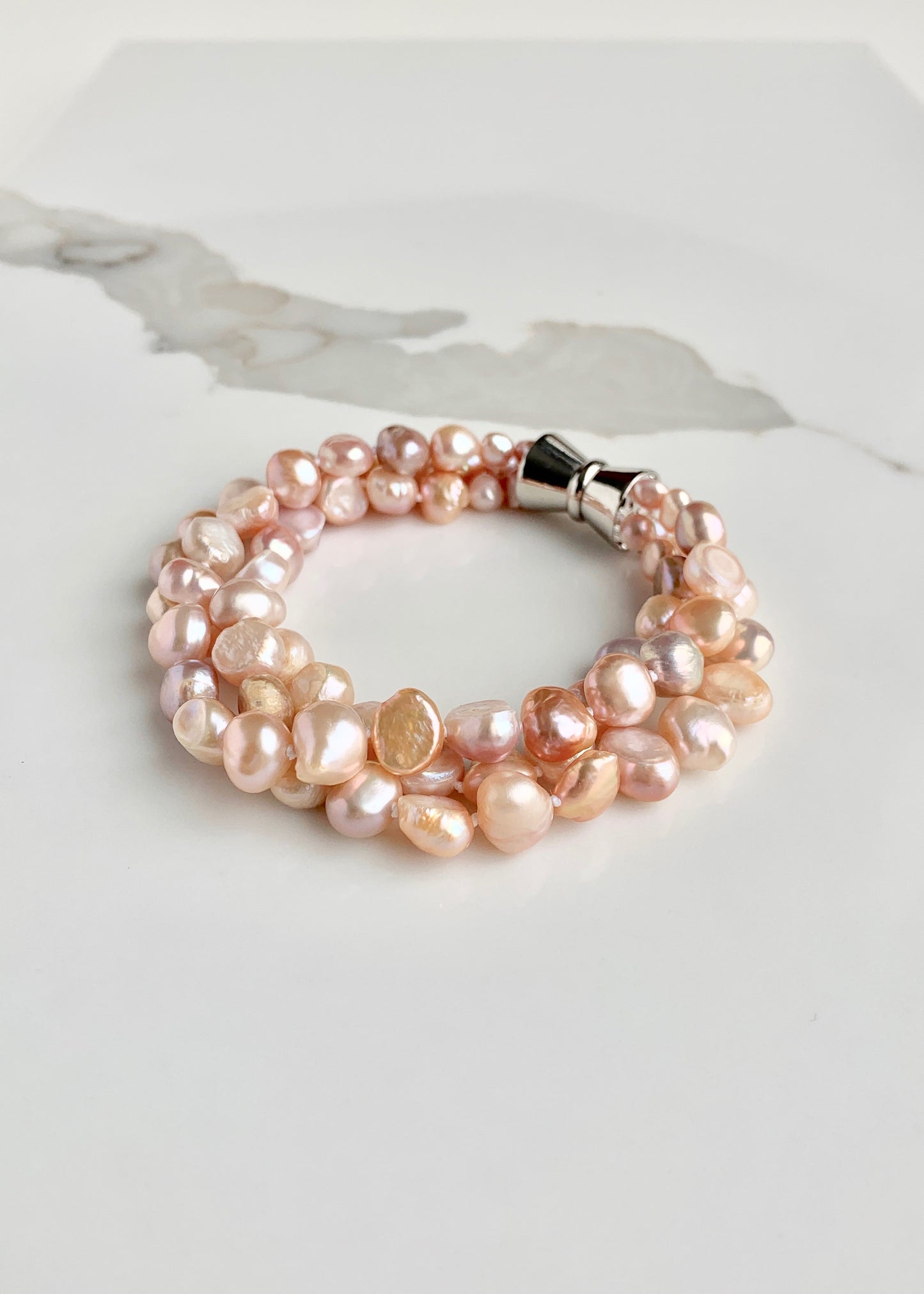 Pink Baroque 8-9mm Freshwater Knotted Pearls on 8” Long 3-Strand Bracelet with Magnetic Clasp for Easy Wear.
