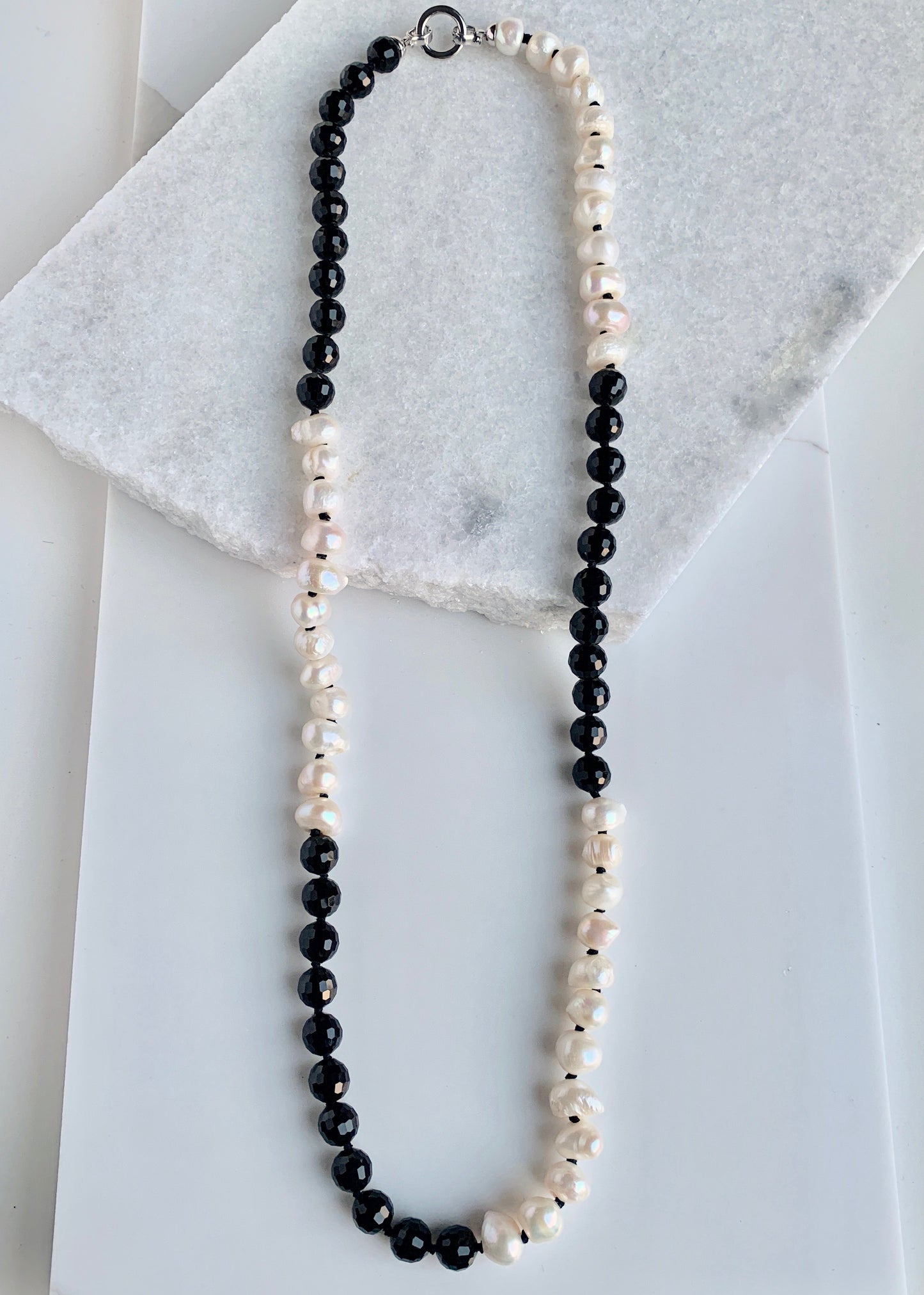 Large Baroque Freshwater Pearls and Black Faceted Glass on a Long 32” Necklace.  Can be Worn Long or Doubled.