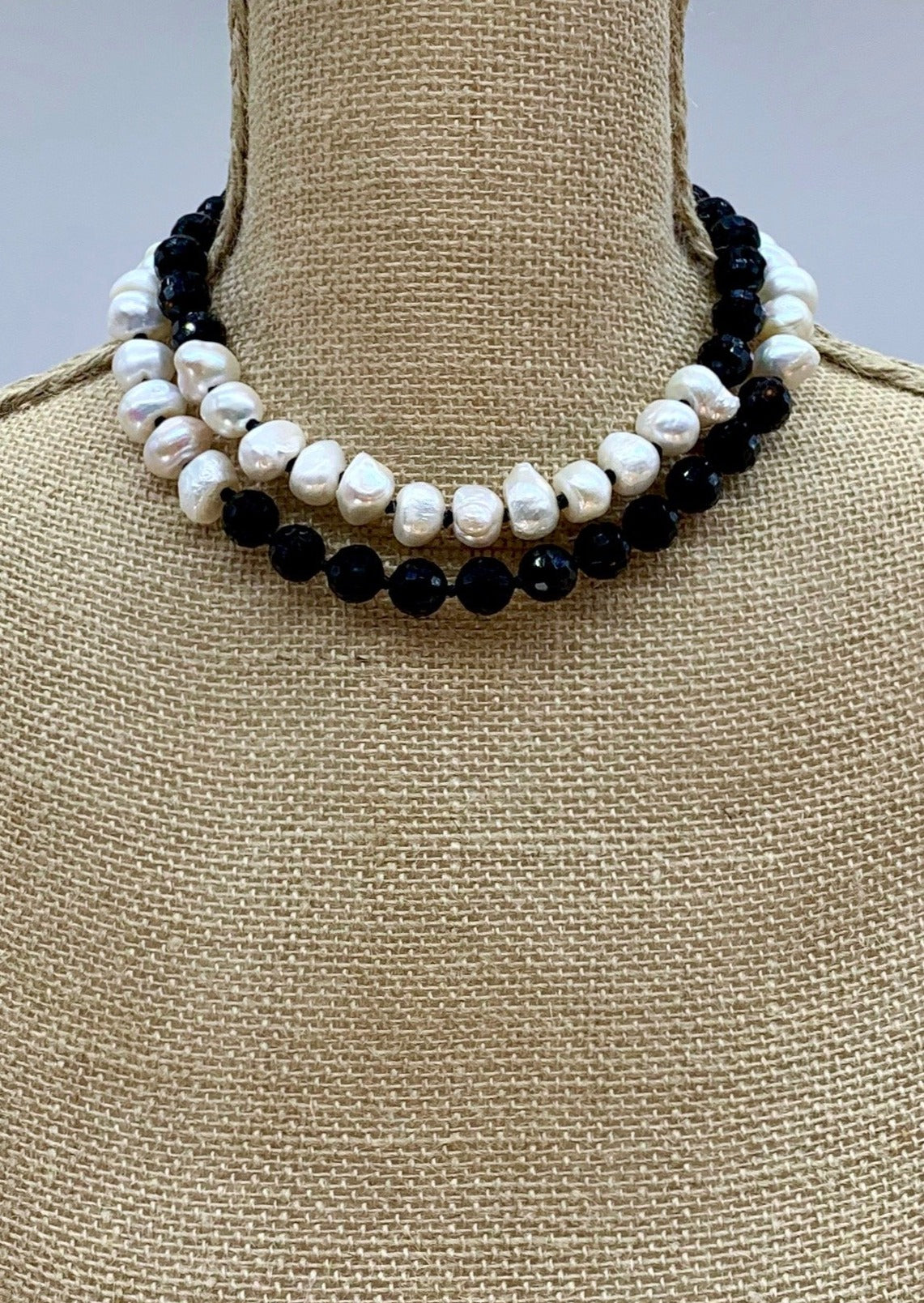 Large Baroque Freshwater Pearls and Black Faceted Glass on a Long 32” Necklace.  Can be Worn Long or Doubled. Shown Doubled on Bust