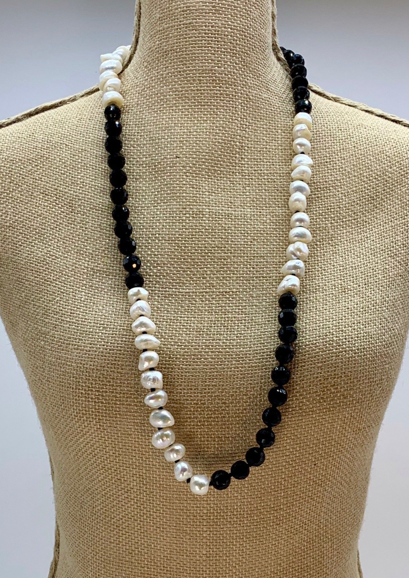 Large Baroque Freshwater Pearls and Black Faceted Glass on a Long 32” Necklace.  Can be Worn Long or Doubled. On Bust