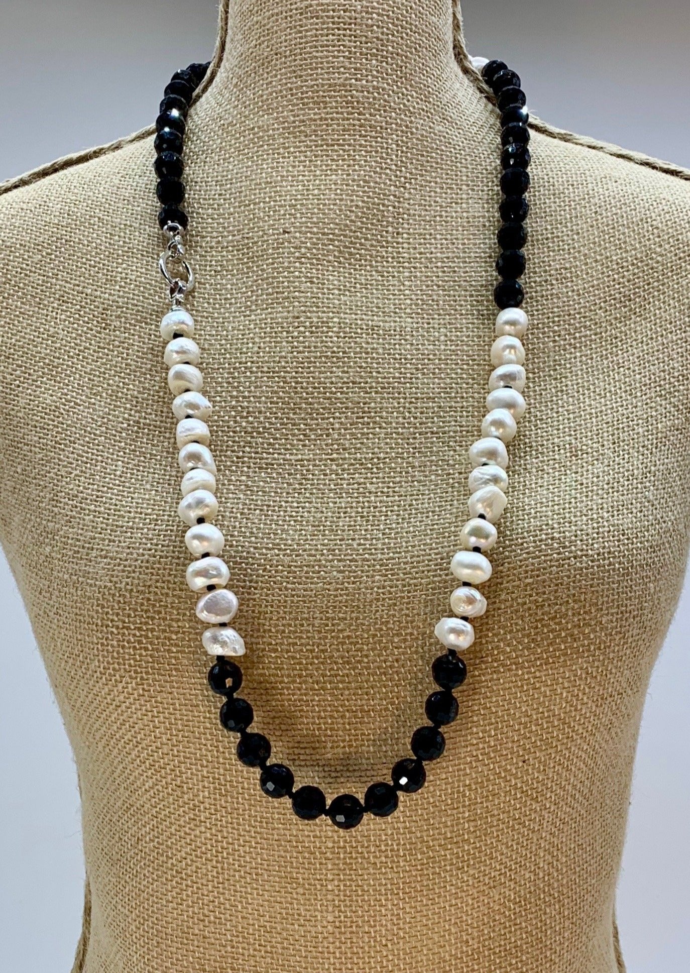 Large Baroque Freshwater Pearls and Black Faceted Glass on a Long 32” Necklace.  Can be Worn Long or Doubled. On Bust