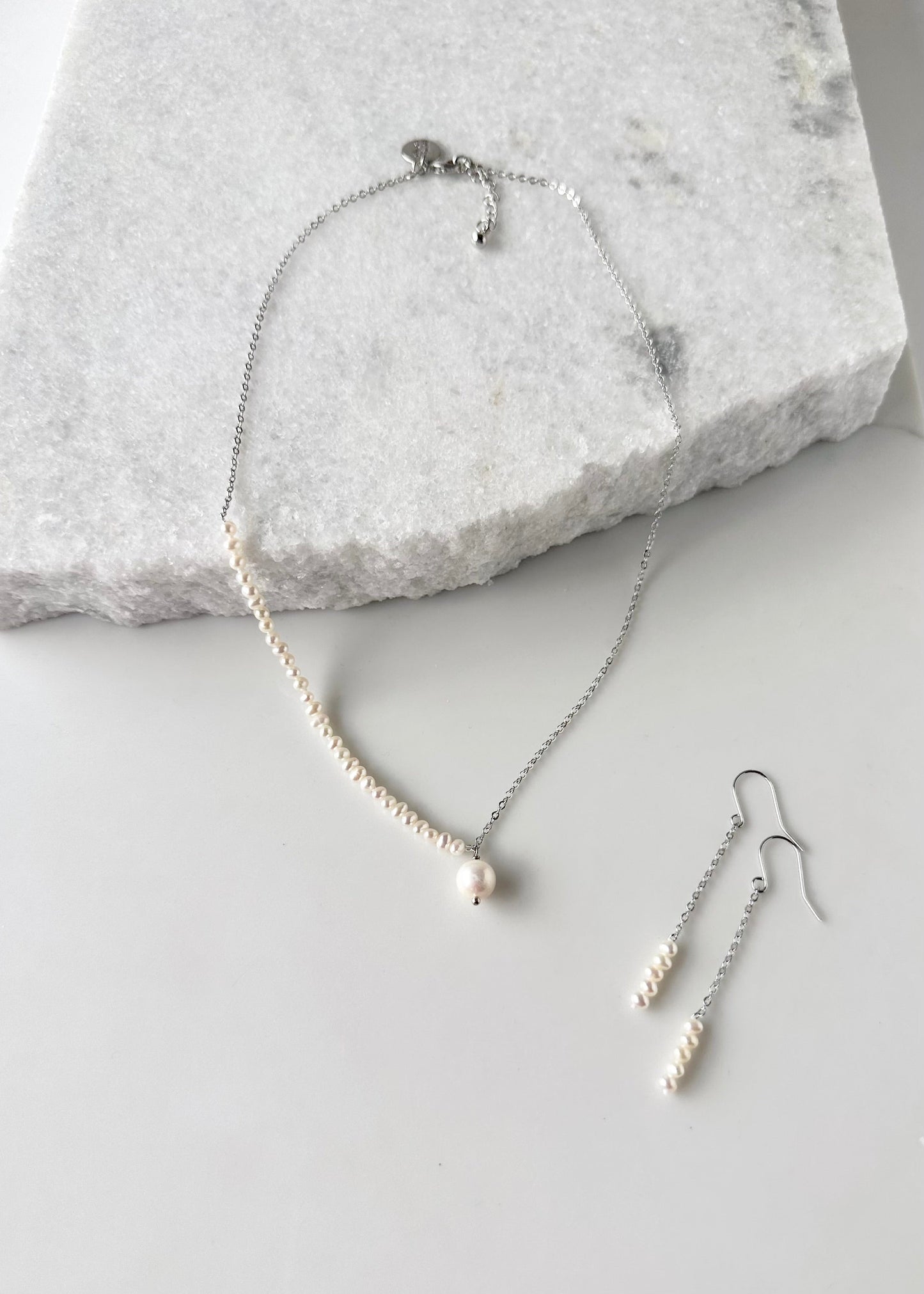 Stack of Five 3mm Freshwater Pearls On Delicate Sterling Silver Chain and Hooks in 2.5” Earring. With Matching   Necklace