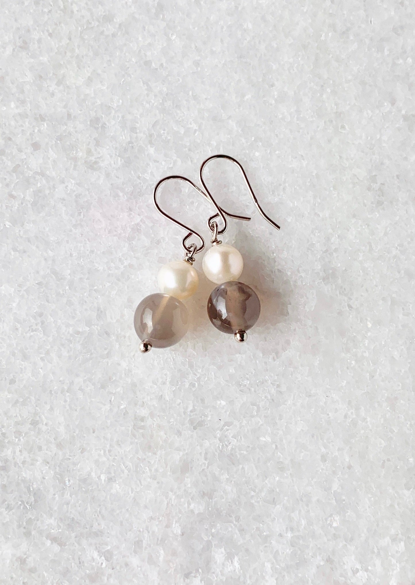 White Freshwater Pearl and Grey Agate Stack 1.25” Earring on Sterling Silver Hooks.