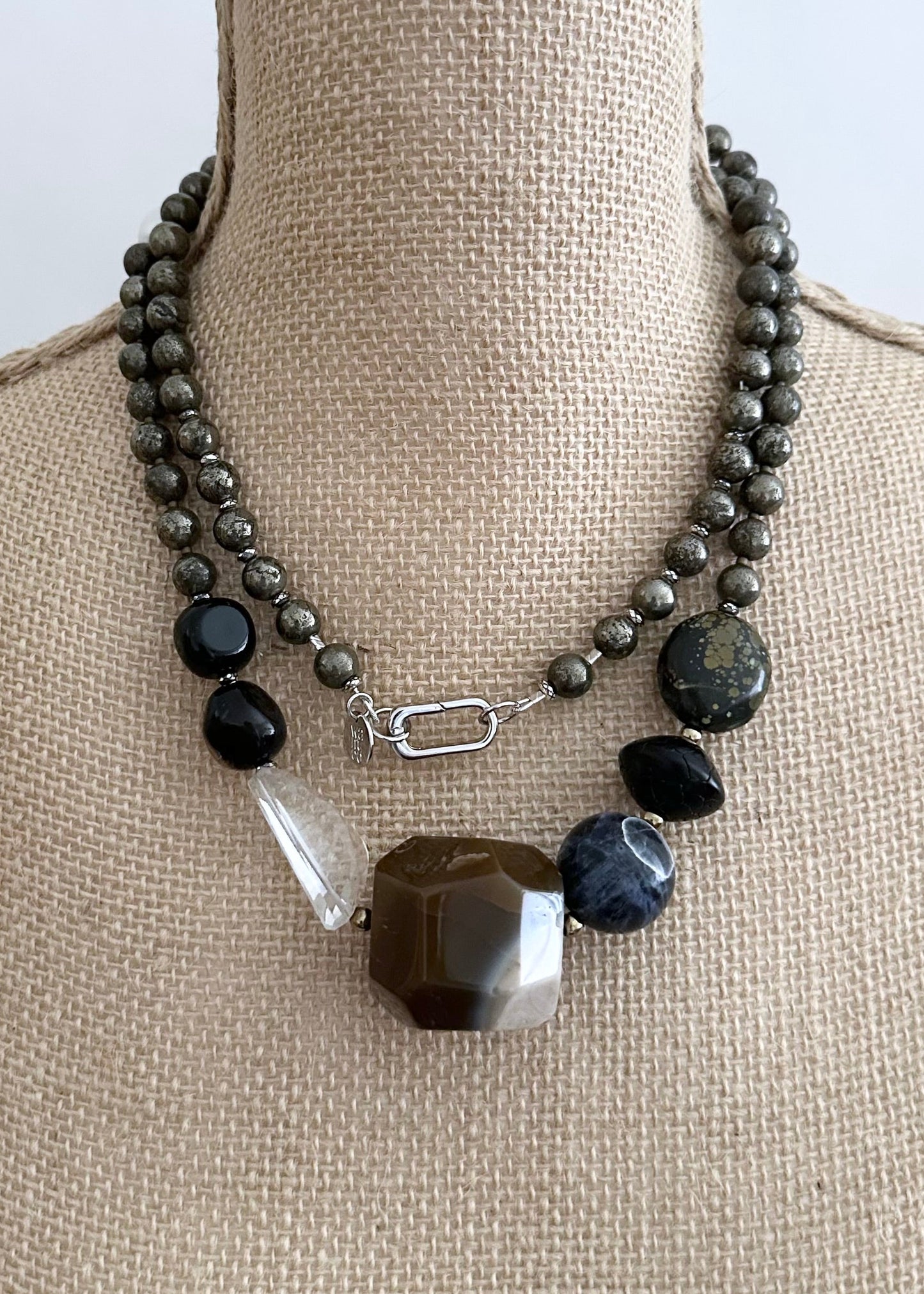 Stunning! This Long (39.5”) Necklace features Large Faceted Agate, Sodalite, Clear Quartz, Pyrite, Brown Turquoise, and Two Edison Pearls, Finished with a Charm Clasp.  This piece can be worn as is or Doubled. 