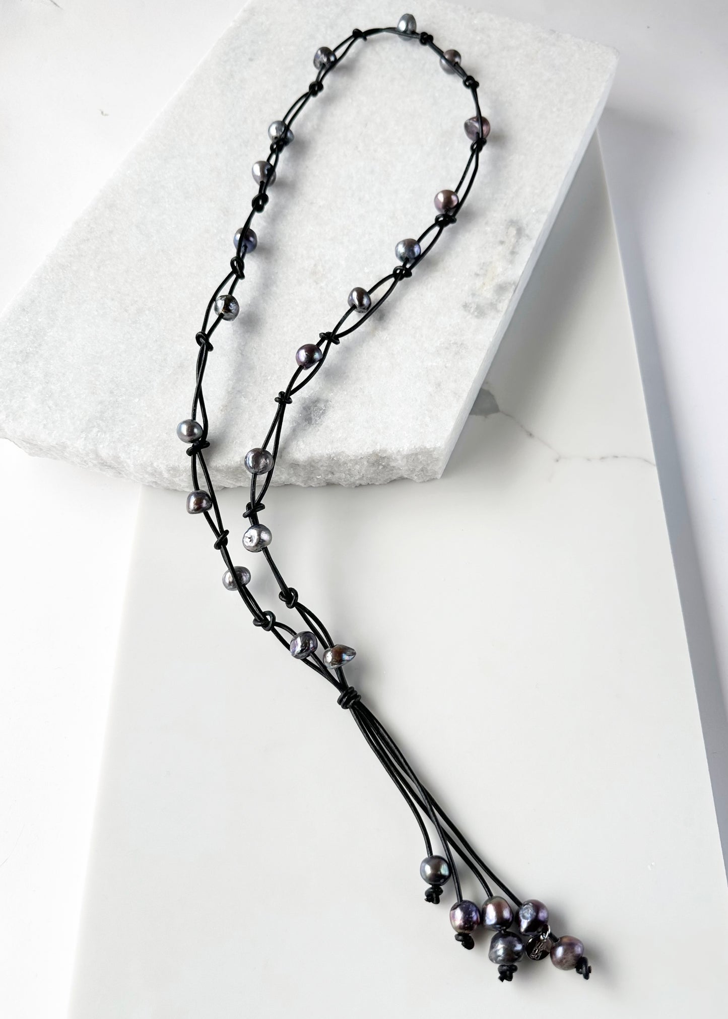 Black Freshwater Pearl Necklace on Black Leather