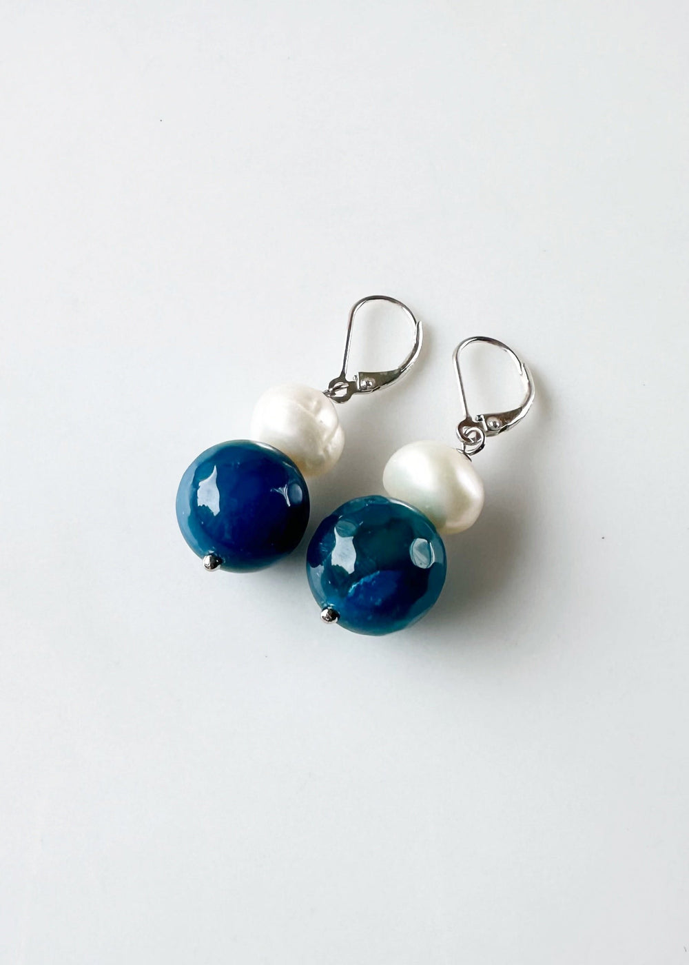 White Freshwater Pearl with Blue Agate Earring on Sterling Silver Leverback