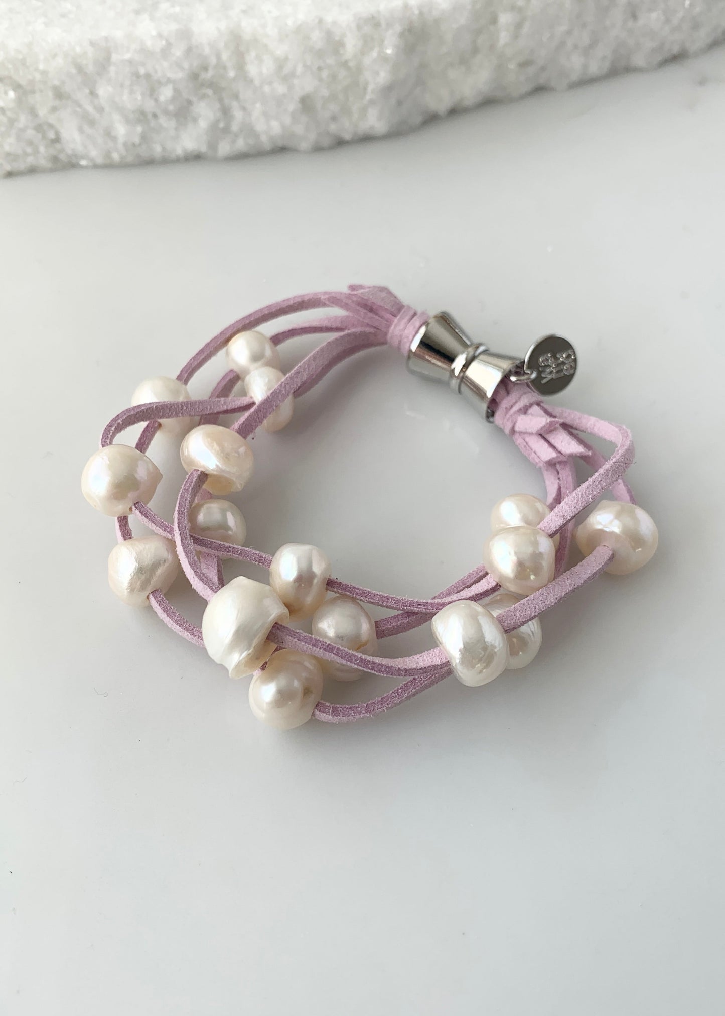 White Freshwater Pearl Bracelet on Pink Vegan Suede with Strong. Secure Magnetic Clasp for Easy Wear