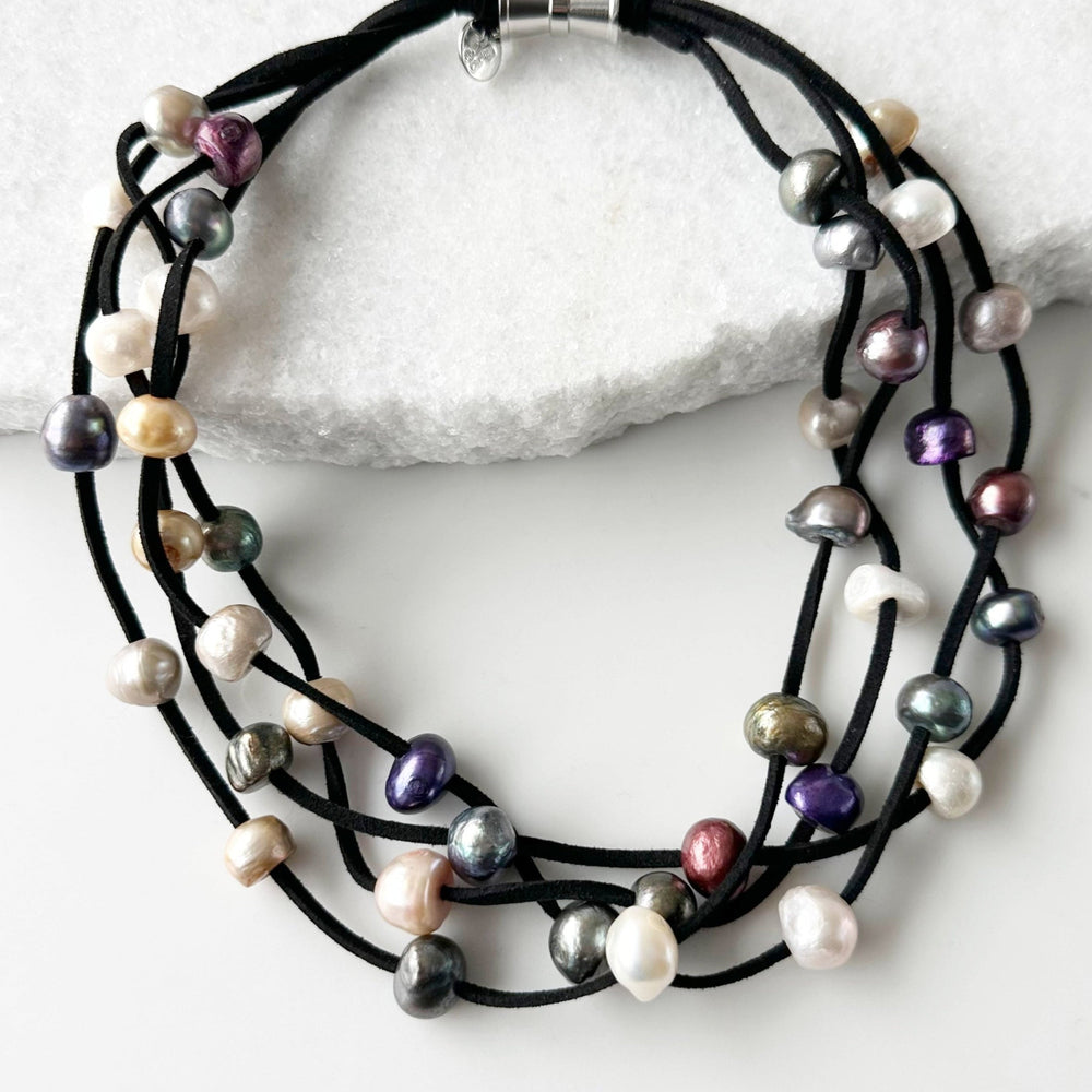 
                      
                        Four Strands of Multi-Coloured  Freshwater Pearls on Black Vegan Suede with Secure, Strong Magnet for Easy Wear
                      
                    