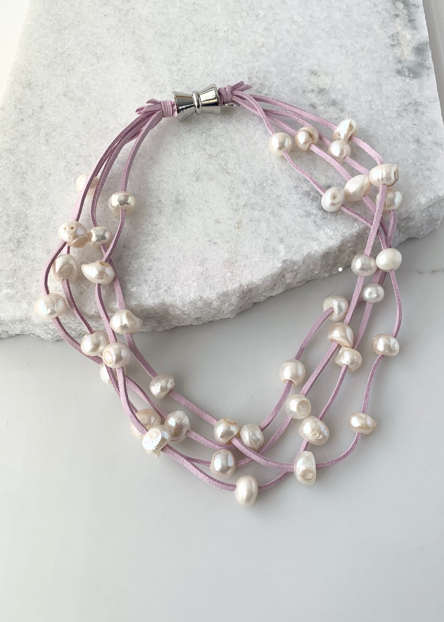 Four Strands of White Freshwater Pearls on Pink Vegan Suede with Secure, Strong Magnet for Easy Wear