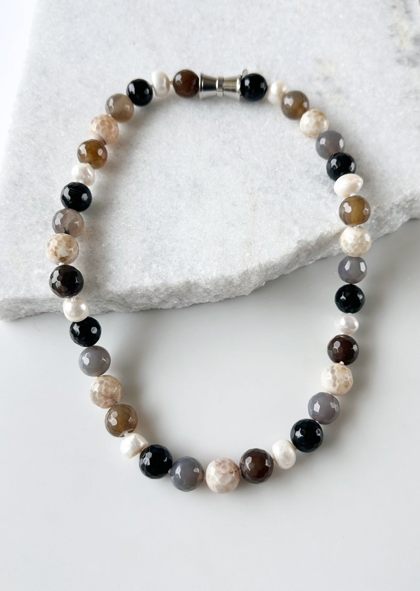 White Freshwater Pearl Necklace and Beige Semi-Precious stones designed with Strong Secure Magnetic Clasp for Easy Wear