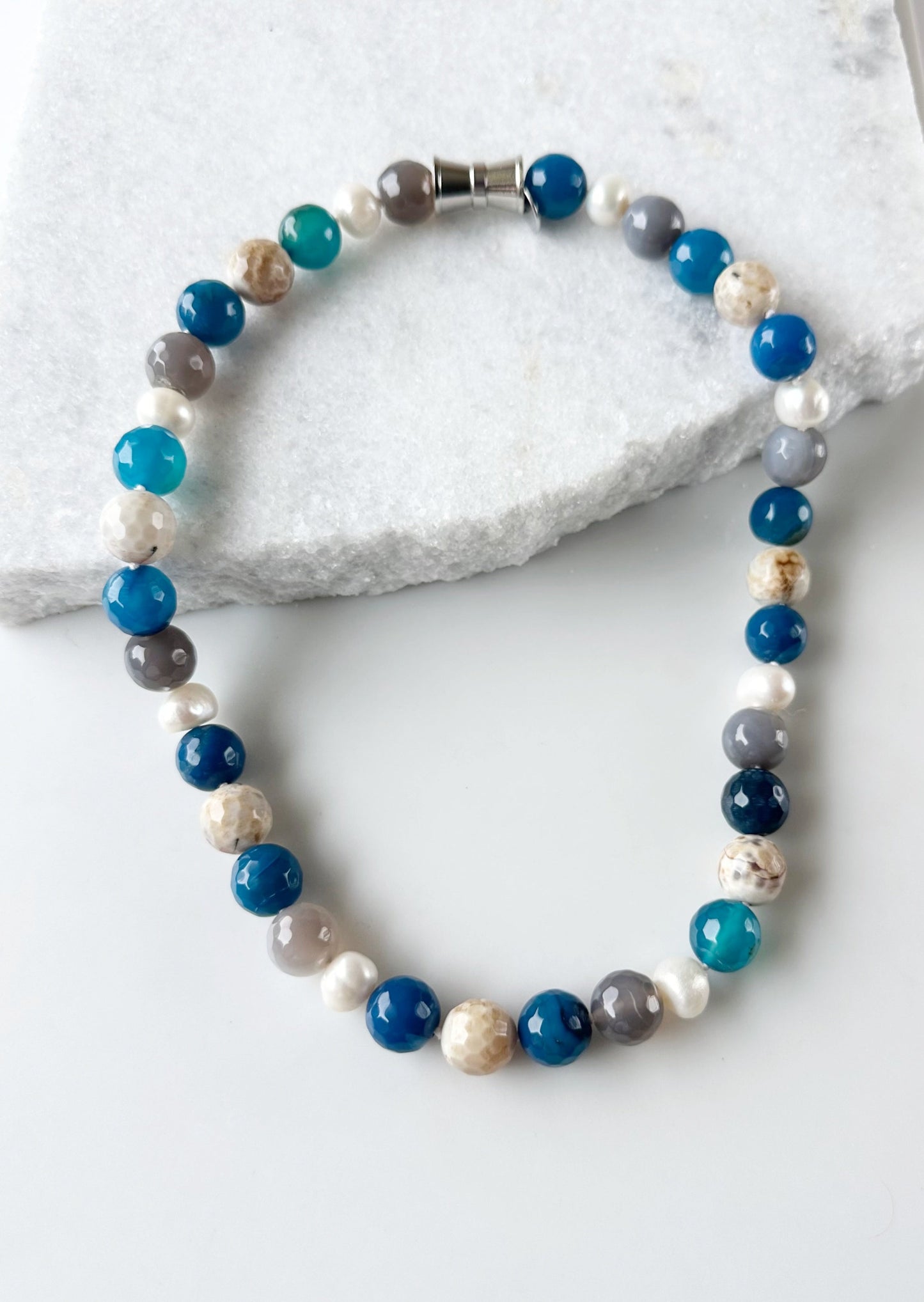 White Freshwater Pearl Necklace and Blue Semi-Precious stones designed with Strong Secure Magnetic Clasp for Easy Wear