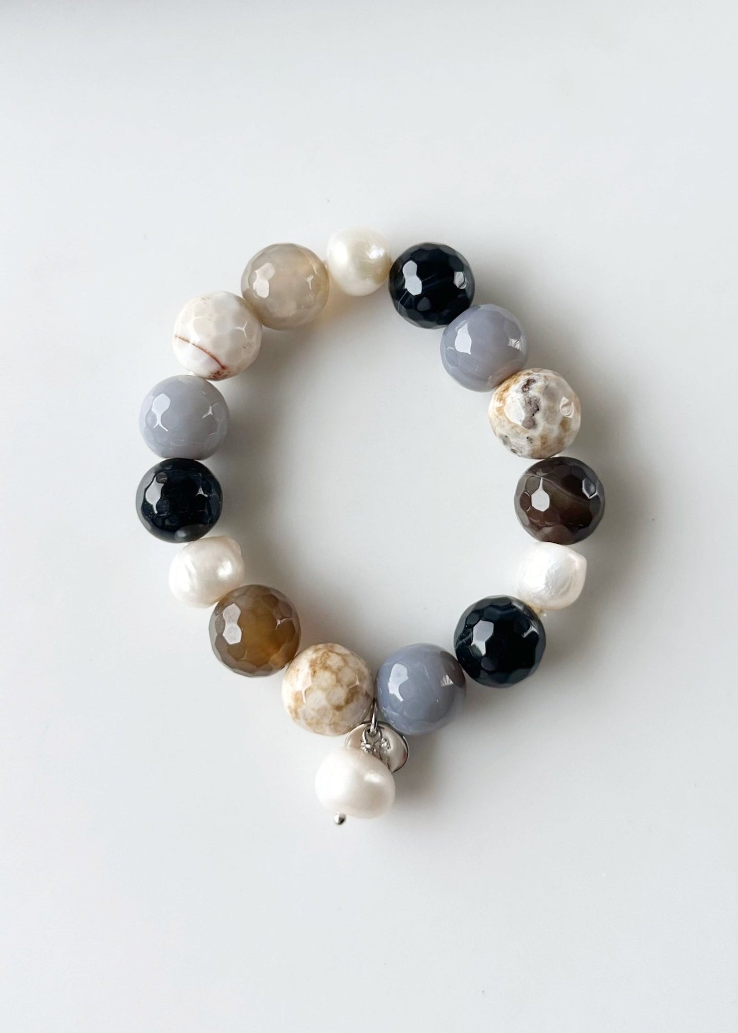 White Freshwater Pearl with Beige Semi-Precious Stone Mix Stretch Bracelet.  Perfect for layering!