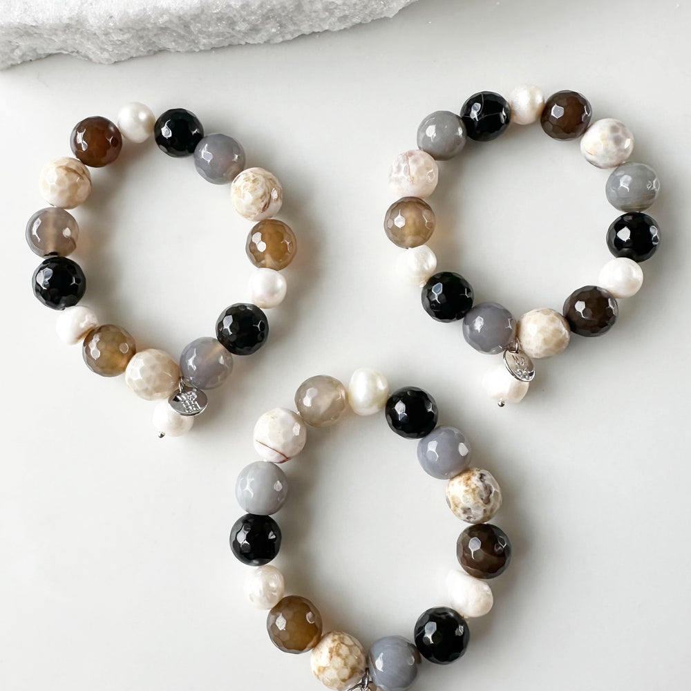 
                      
                        White Freshwater Pearl with Beige Semi-Precious Stone Mix Stretch Bracelet.  Perfect for layering! Three Shown
                      
                    