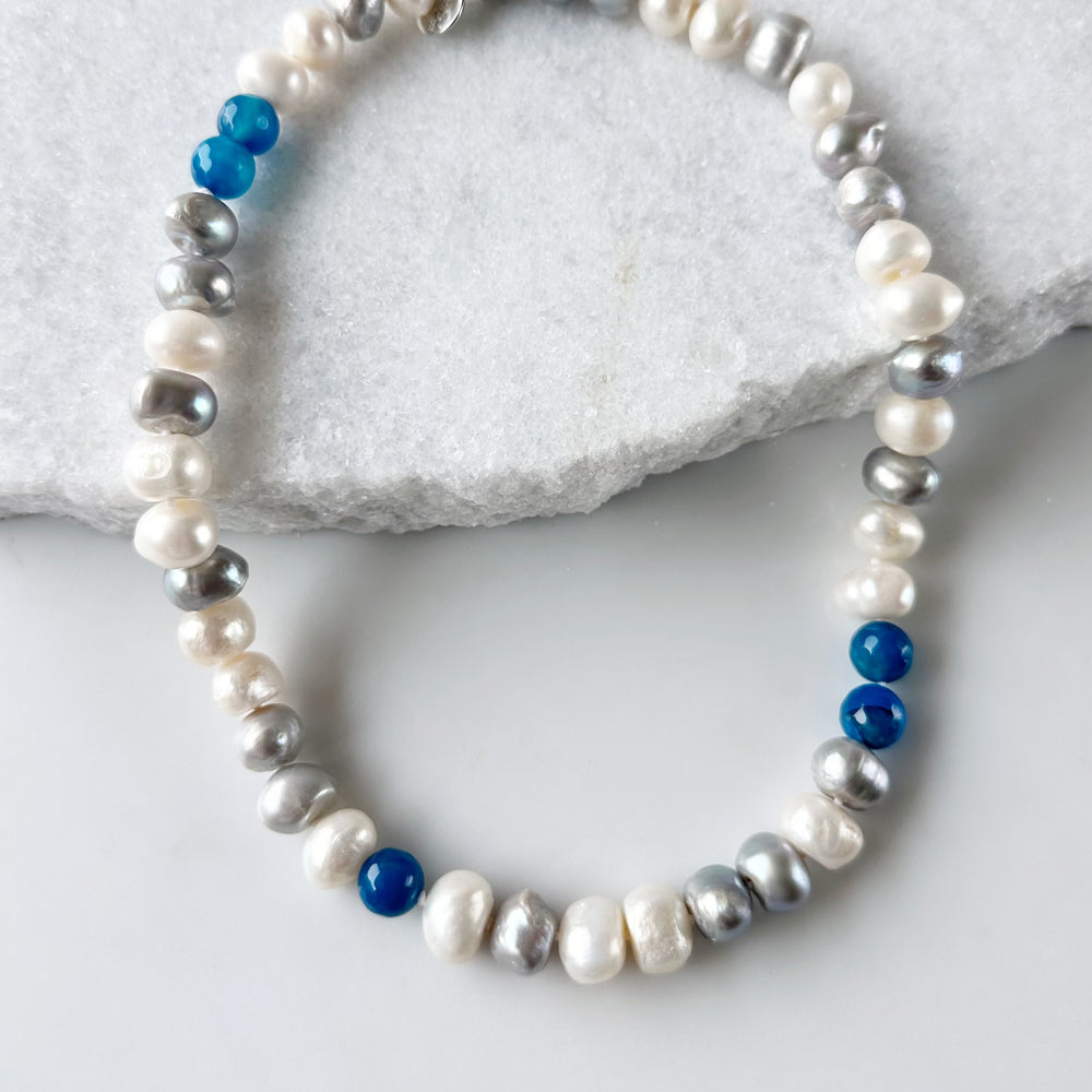 Freshwater Pearls and Semi-Precious Stones Mix Necklace  highlighting Blue on a Strong and Secure Magnetic Clasp for easy Carefree Wear.