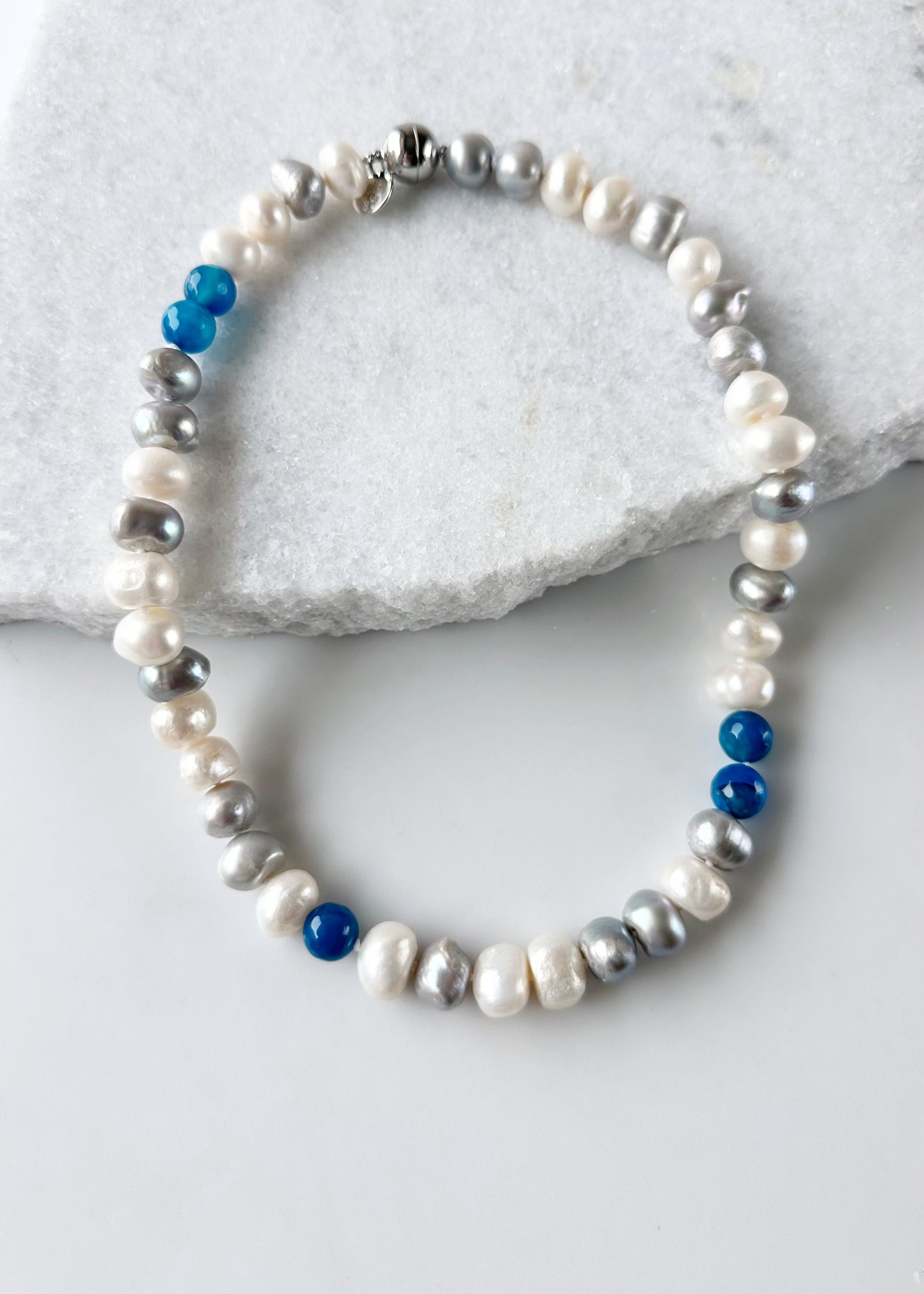 Freshwater Pearls and Semi-Precious Stones Mix Necklace  highlighting Blue on a Strong and Secure Magnetic Clasp for easy Carefree Wear.