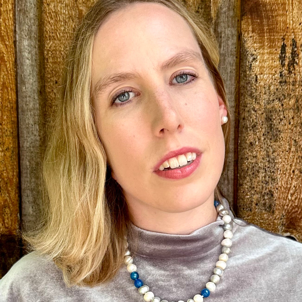 
                      
                        Freshwater Pearls and Semi-Precious Stones Mix Necklace  highlighting Blue on a Strong and Secure Magnetic Clasp for easy Carefree Wear. Shown on Model
                      
                    