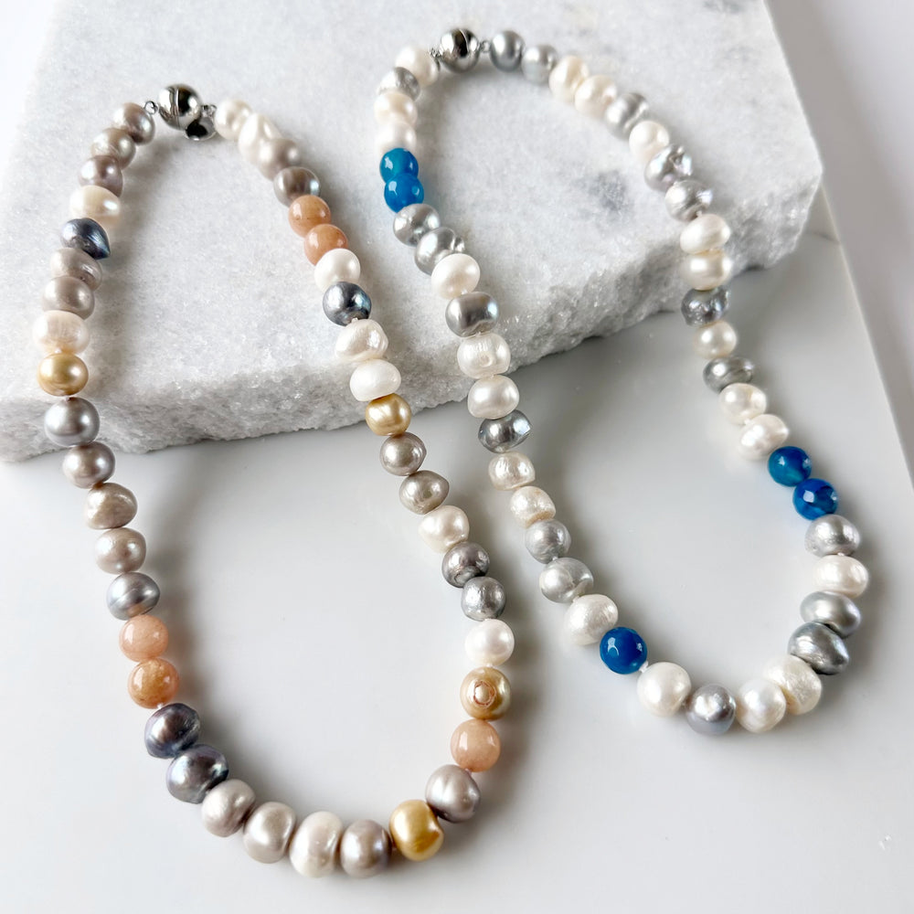 
                      
                        Freshwater Pearls and Semi-Precious Stones Mix Necklace  highlighting Blue or Peach on a Strong and Secure Magnetic Clasp for easy Carefree Wear. Both Styles shown here.
                      
                    