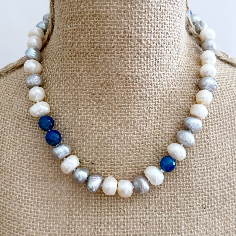 
                      
                        Freshwater Pearls and Semi-Precious Stones Mix Necklace  highlighting Blue on a Strong and Secure Magnetic Clasp for easy Carefree Wear. Shown on Bust
                      
                    