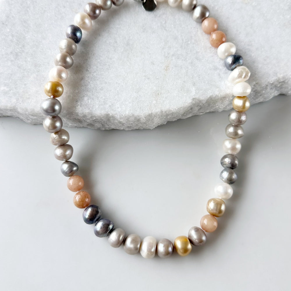 Freshwater Pearls and Semi-Precious Stones Mix Necklace  highlighting Peach on a Strong and Secure Magnetic Clasp for easy Carefree Wear.